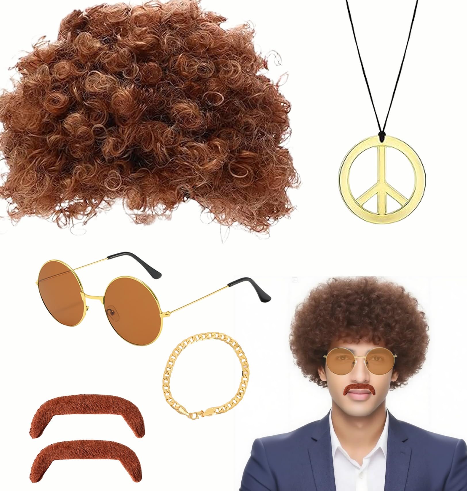 LIUQOBN 6 Pcs Disco Hippie Costume,60/70/80s Hippy Fancy Dress Accessories, Funky Afro Wig, Necklace Sunglasses Bracelet Beard, Cosplay for Halloween Theme Party
