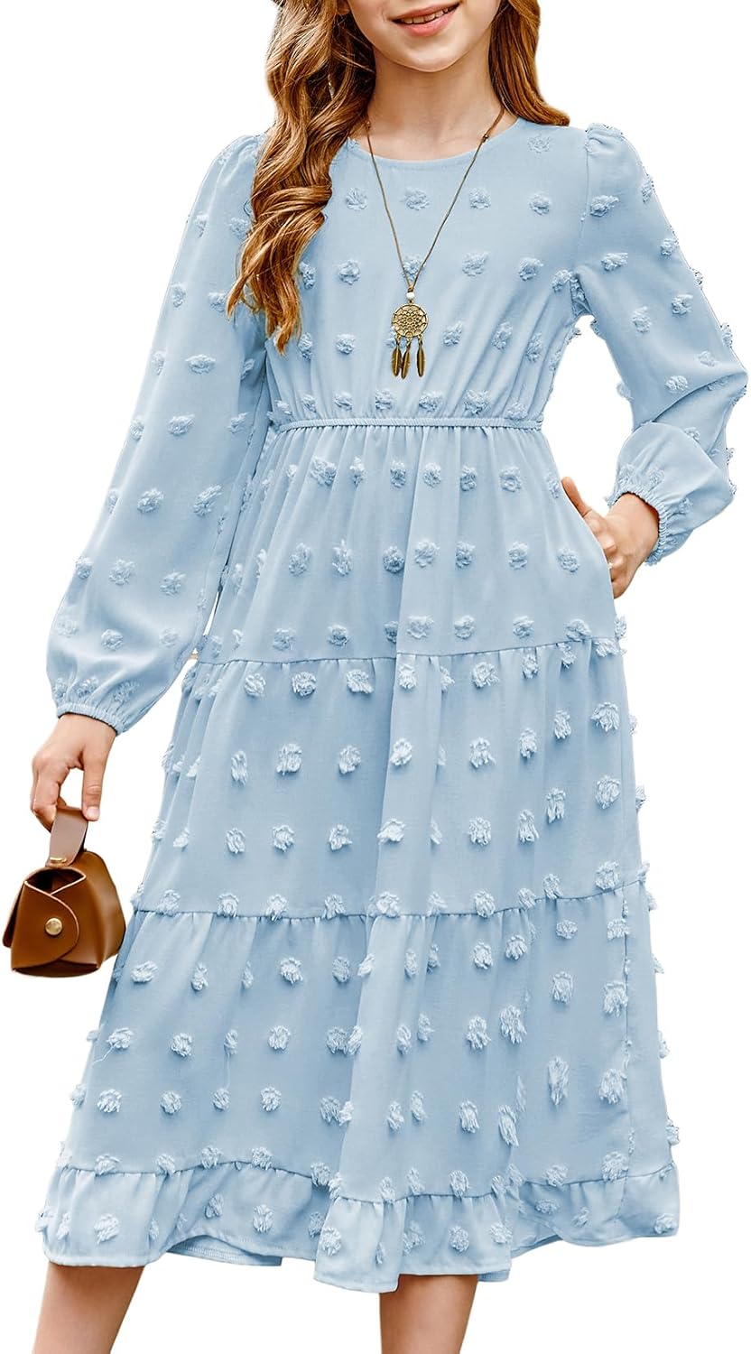 blibean Tween Girls Fall Maxi Dresses Long Sleeve Polka Dot Outfits with Pockets 6-15 Years