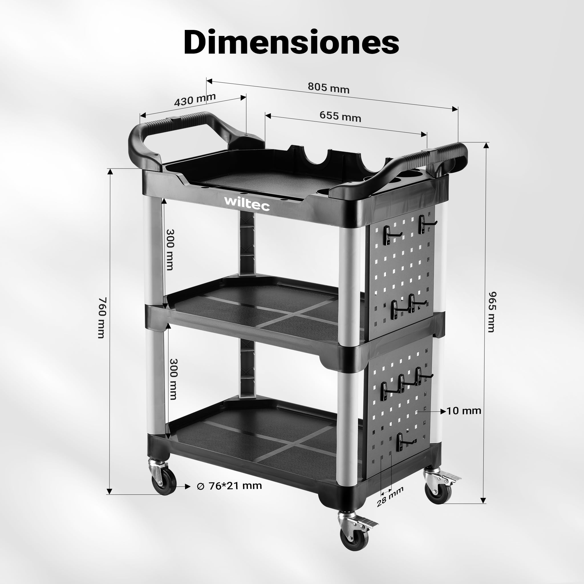 Wiltec Carro de 3 Niveles Tipo 02 con Capacidad de Carga de 120 kg, Carro de Taller 67 x 43,5 x 97 cm de plástico