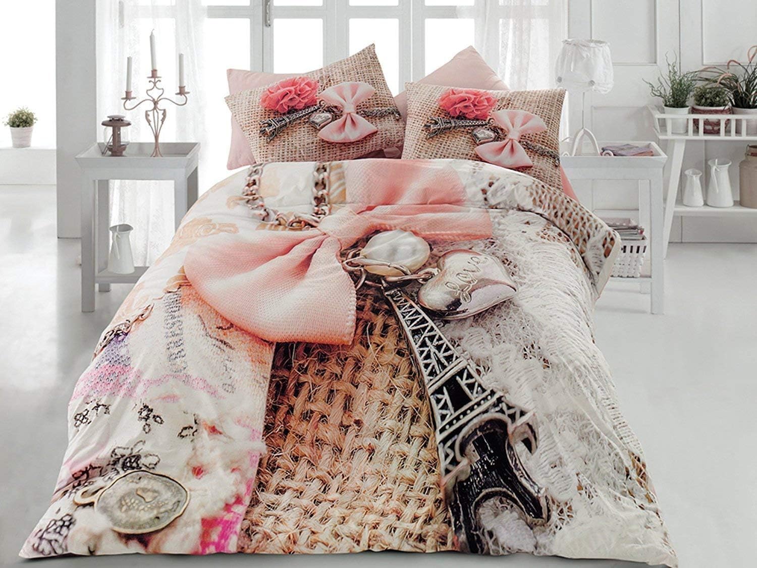 TAC Ranforce 100% Turkish Cotton 6 Pcs!! Paris Eiffel Tower Theme Themed Perfect Design Full Queen Size Quilt Duvet Cover Set Bedding Linens