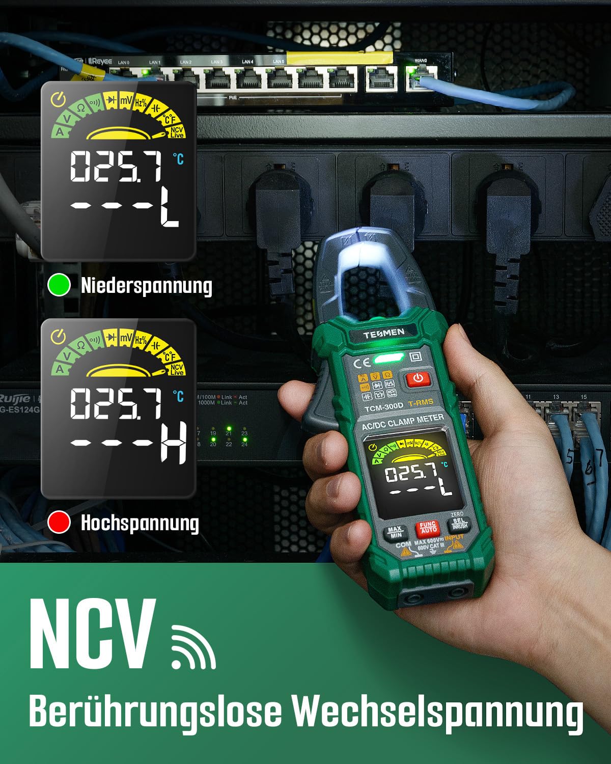 TESMEN TCM-300D Digital Clamp Meter 6000 Counts T-RMS Amperemeter Auto-Ranging Multimeter Voltmeter mit AC/DC Strom & Spannung NCV/Live Wire Einschaltstrom Widerstand Diode Temperatur – Grün