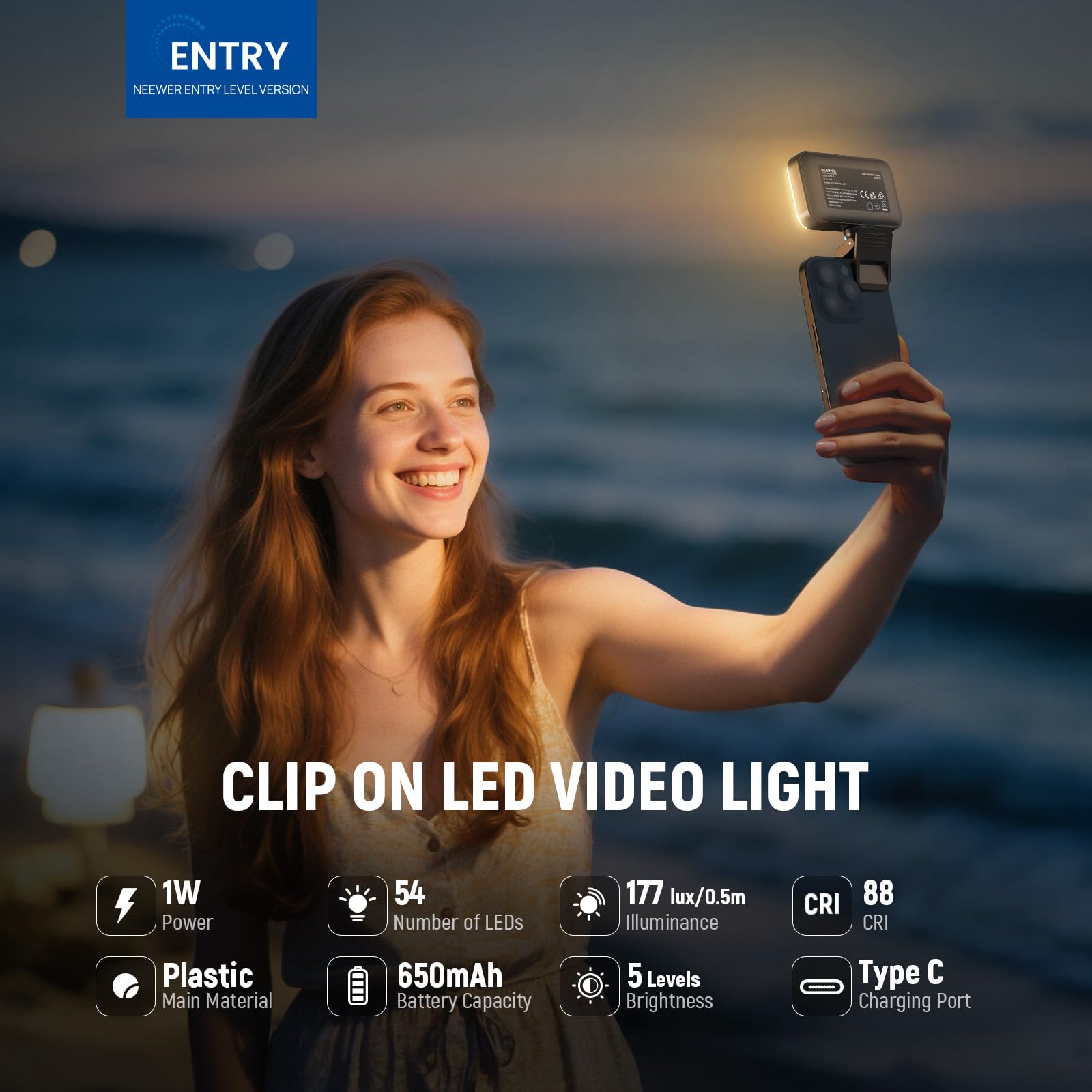 NEEWER wersja LED lampa do selfie, 54 diody LED, plastikowy klips na telefon, oświetlenie do iPhone'a, CRI88 650 mAh, przenośna do komputera, laptopa, kamery internetowej, zoomu, wideokonferencji