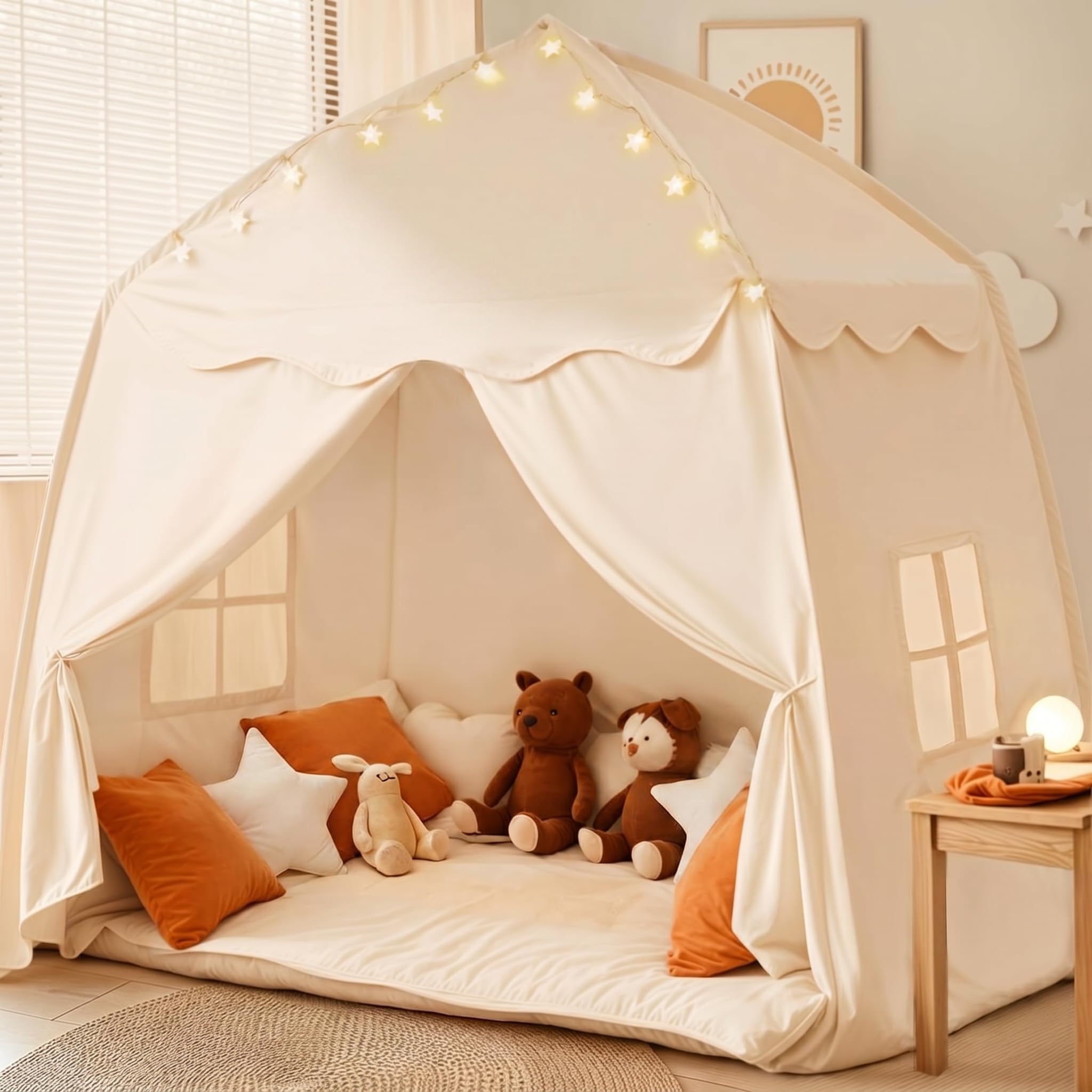 Spielzelt für Kinder, Kinderzelt Spielhaus Indoor Kinderzimmer Deko Für Drinnen Spielzelt Spielgeräte Spielzimmer Faltbares Spielhaus (Beige, Zelt & Lichterkette)