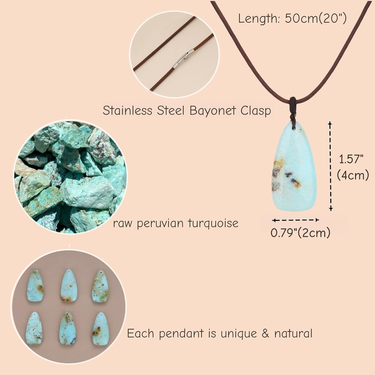 COAI Genuine Leather Necklace Teardrop Pendant, Peruvian Turquoise Crystal Necklace for Men Women - Image 3