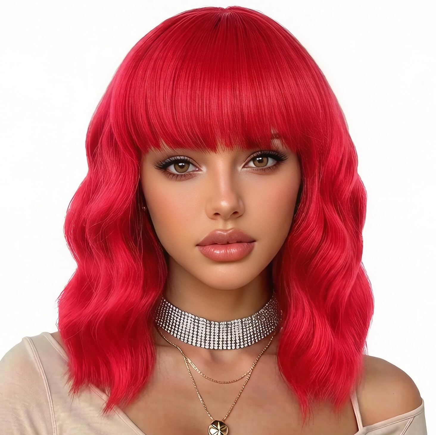 eNilecor Red Wig for Women,Short Curly Wavy Curly Bob Wig with Bangs,14" Natural Synthetic Colored Party Costume Cosplay Halloween Wigs