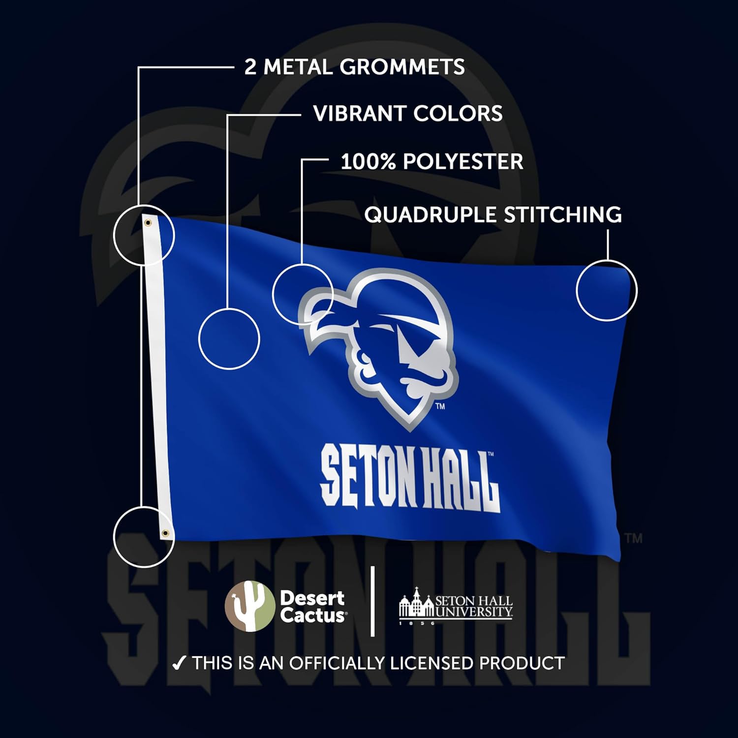 Desert Cactus Seton Hall University SHU Flag - 3 x 5 Feet Pirates Banner, Indoor/Outdoor Durable Fabric, 100% Polyester Design (Style 1a) - Image 4