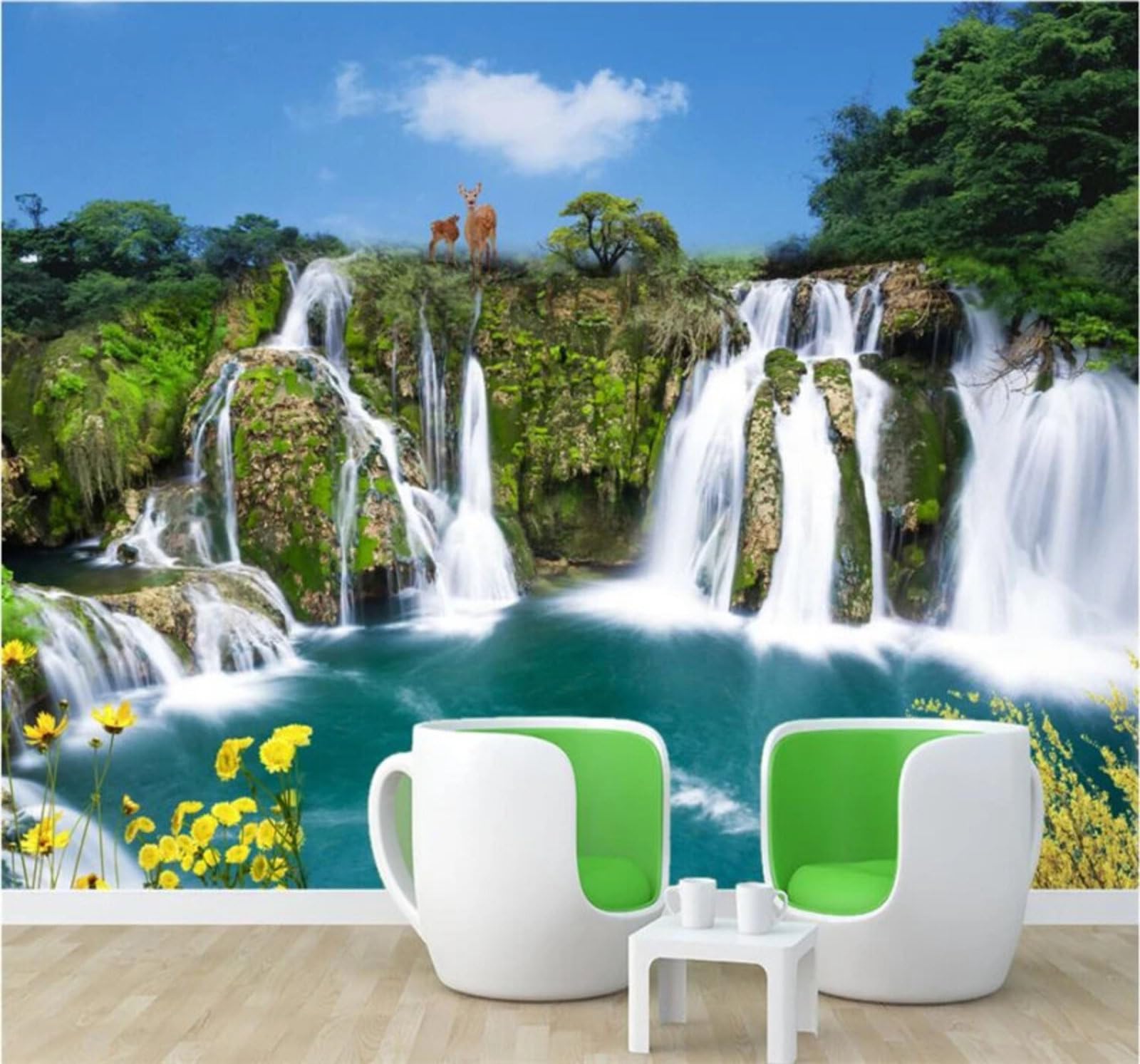 Xlming 400Cm×280Cm(B×H) Three Dimensional Landscape Waterfall Sika Deer Scenery 3D Wallpaper Luxury Home Dining Decor Paste Sofa Living Room The Wall For Bedroom Mural-400Cm×280Cm