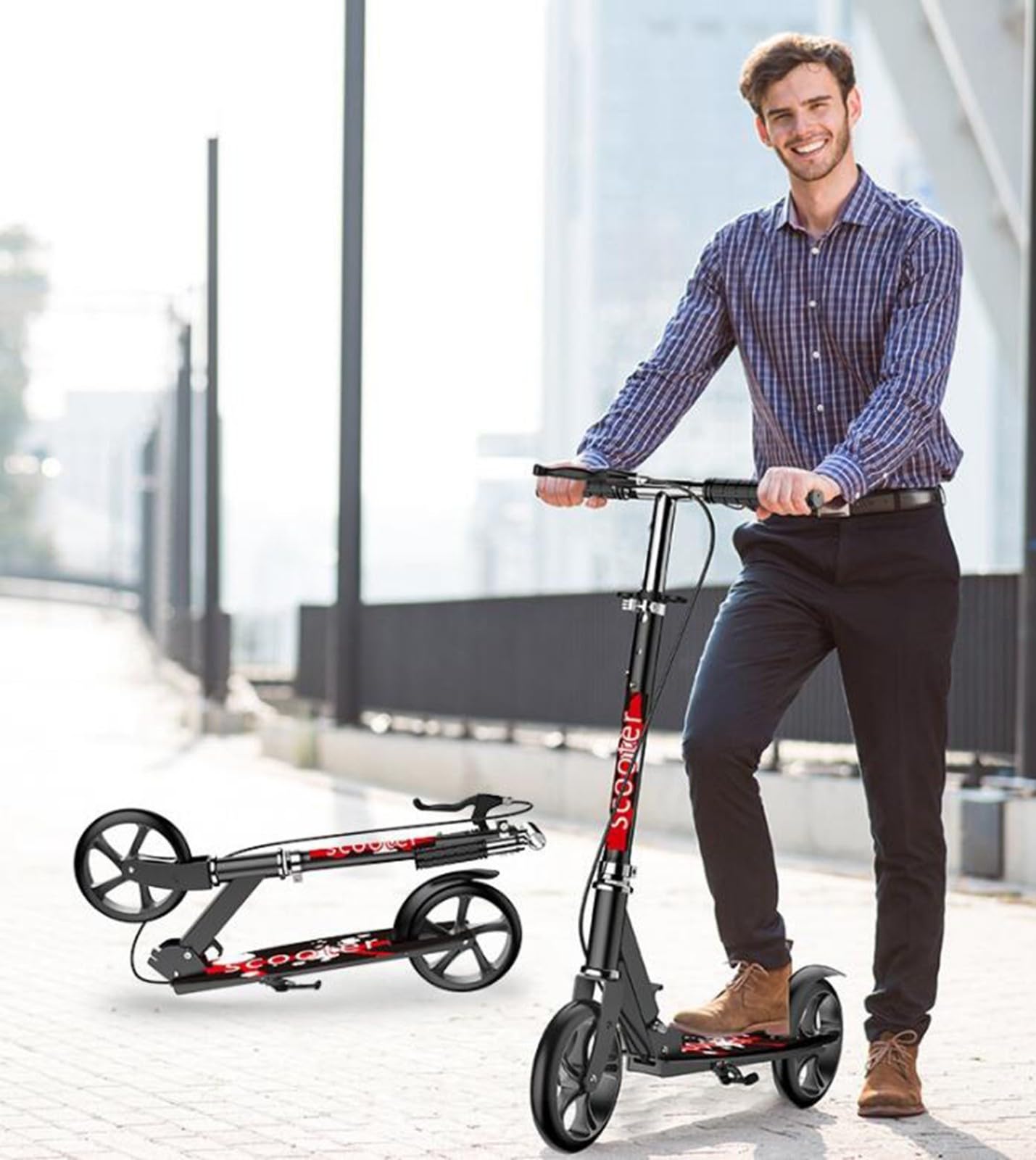 Scooter Plegable FáCil, Rueda De Goma Maciza, Altura Ajustable En 4 Niveles, Pedales Agrandados Y Ensanchados, Capacidad De Carga De 100 Kg, para Adolescentes Y Adultos Black