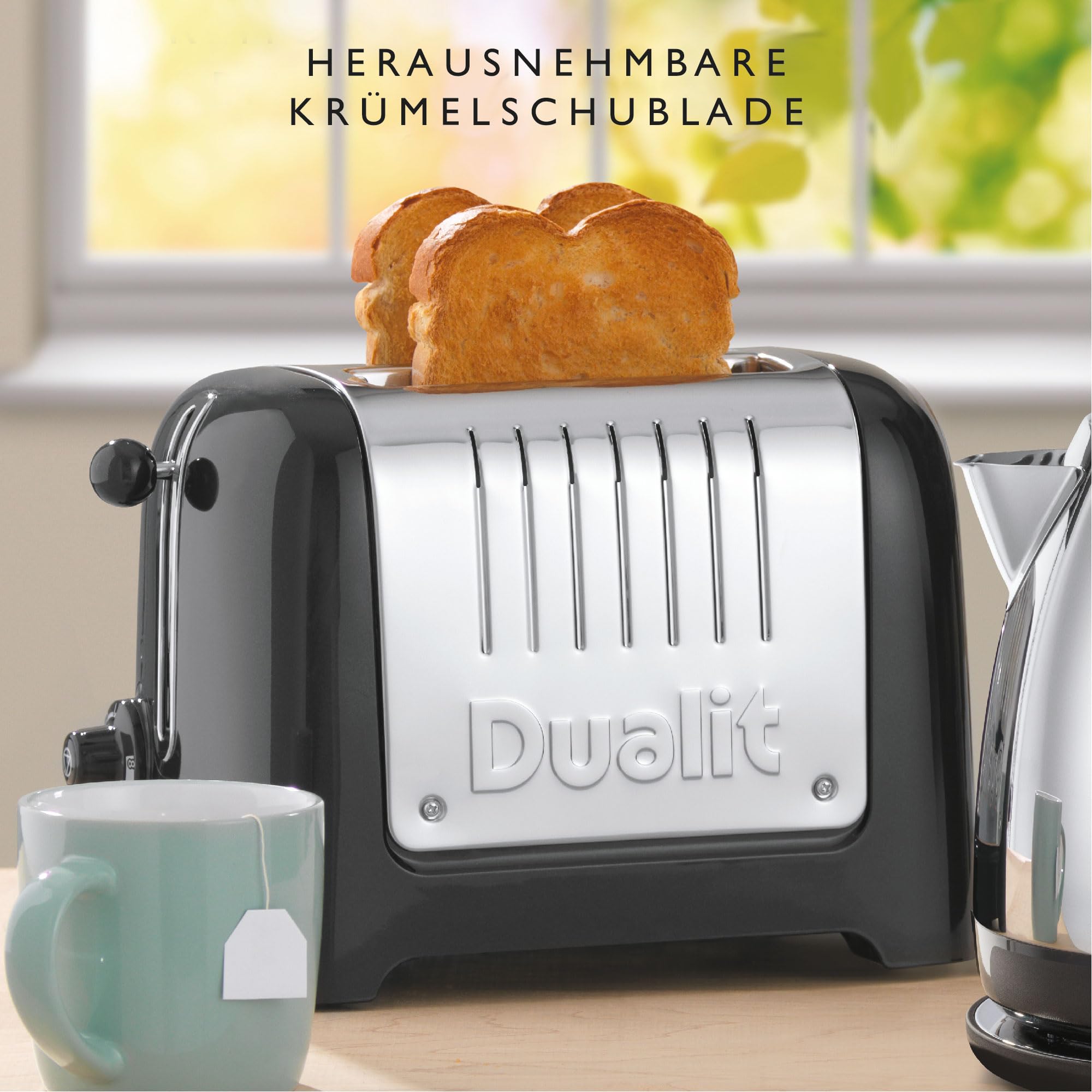Dualit LITE Toaster 2 Scheiben, 36-mm-Schlitze, Edelstahlgehäuse, Schwarz | Retro-Design, für Bagels, Brötchen und Toastbrot, Auftaufunktion, Peek-and-Pop®, wählbare Bräunungsstufen, 1.700 g