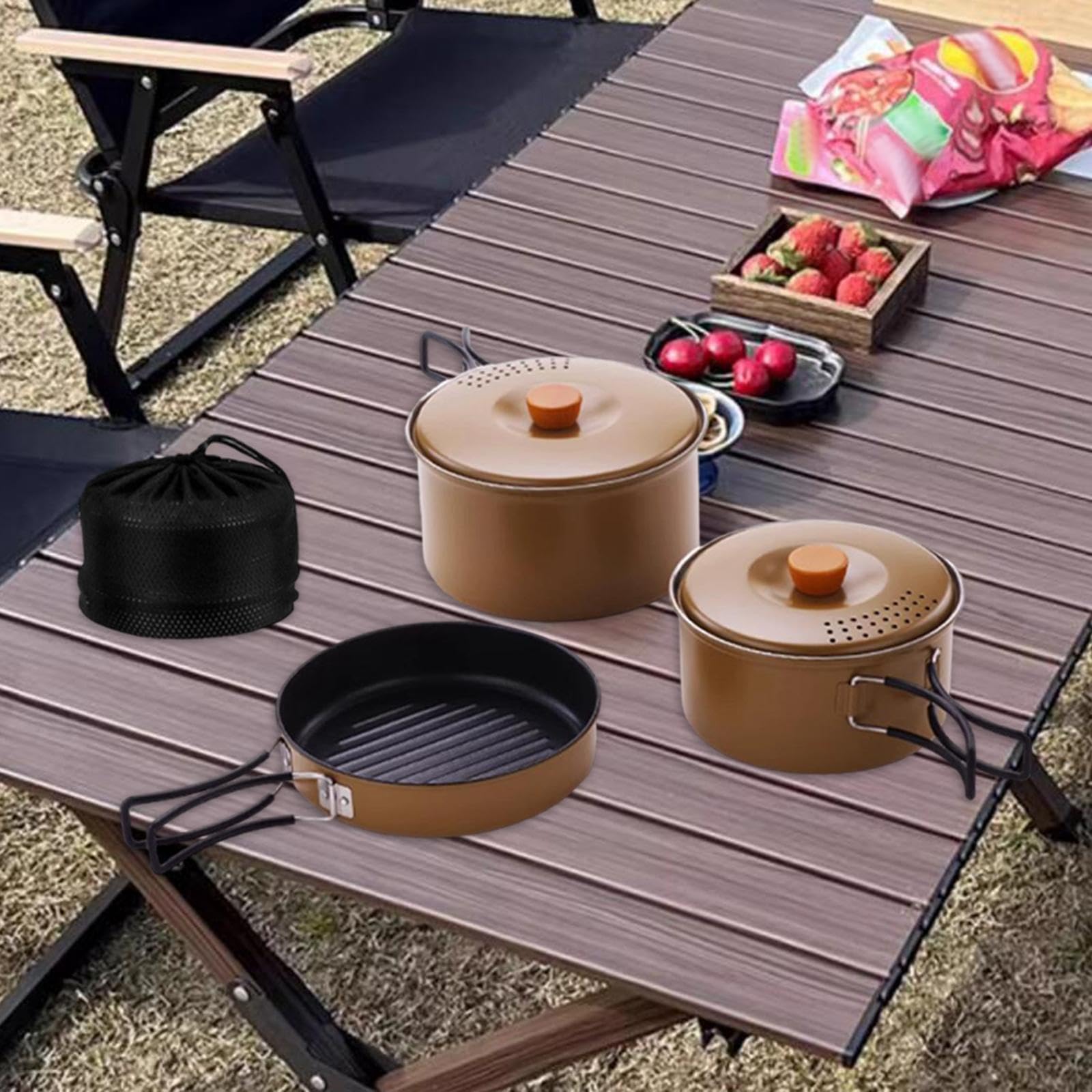 Set di pentole e padelle portatili da campeggio con peso leggero per gli appassionati di escursionismo e pesca, che garantisce una lunga durata per pentole, padelle, bollitori, pesca, viaggi