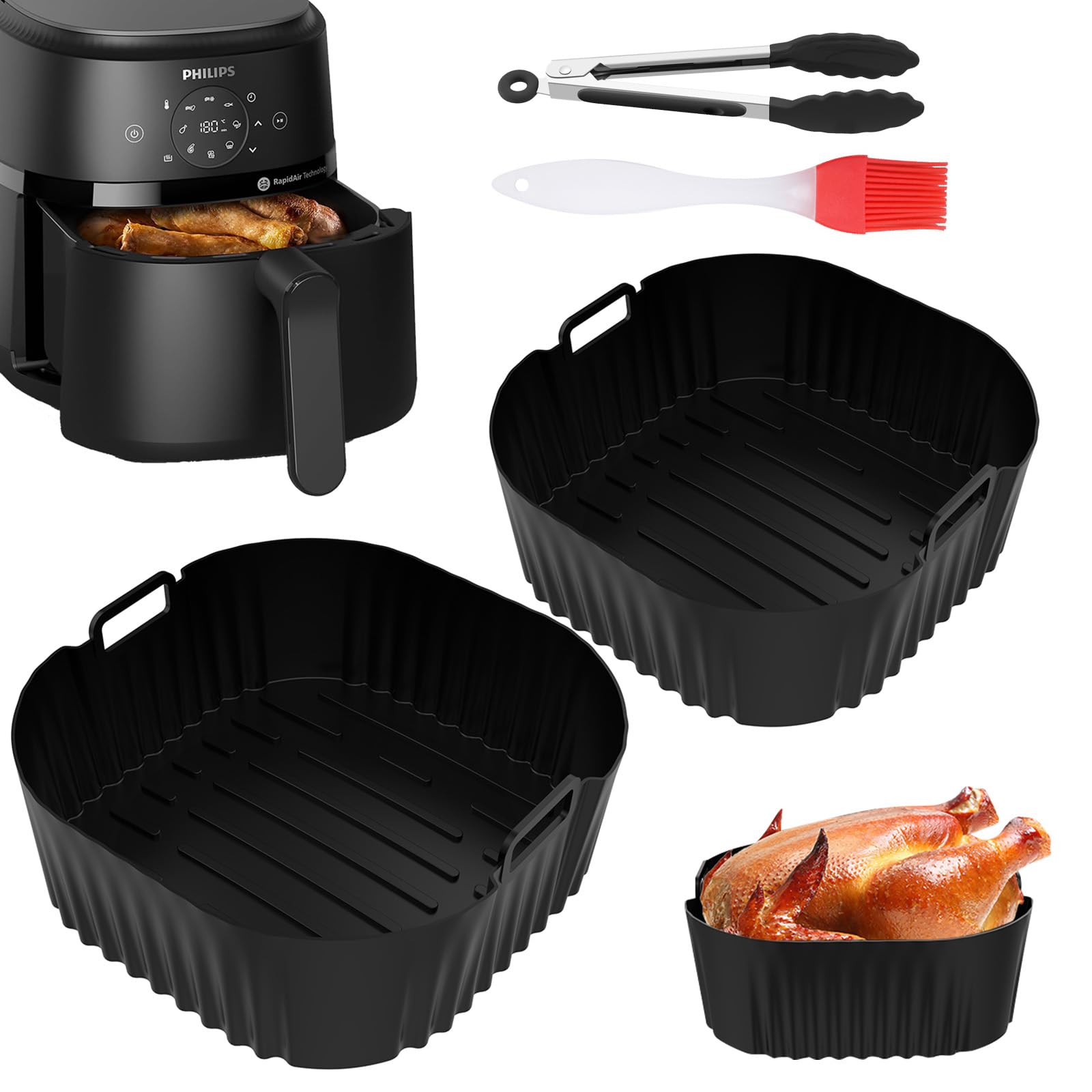 VEGCOO Philips Airfryer 4.2L Silikonform Set für NA229/00 & NA320/00 (4-teilig) - Hitzebeständig 230°C, Spülmaschinenfest, Fritteusenzubehör mit Griff & Antihaft