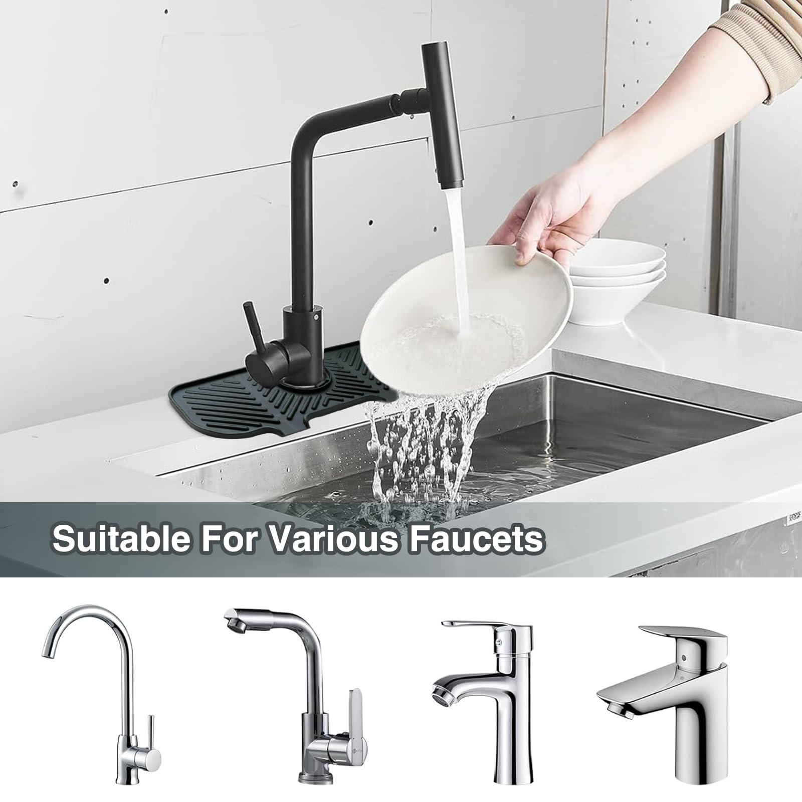 BBTISG Silicone Faucet Mat, Transparent Kitchen Sink Splash Guard Rotatable Sink Tap Drip Catcher Tray With 5° Slope For Kitchen, Bathroom, Sink Sponge Holder (45 X 14cm