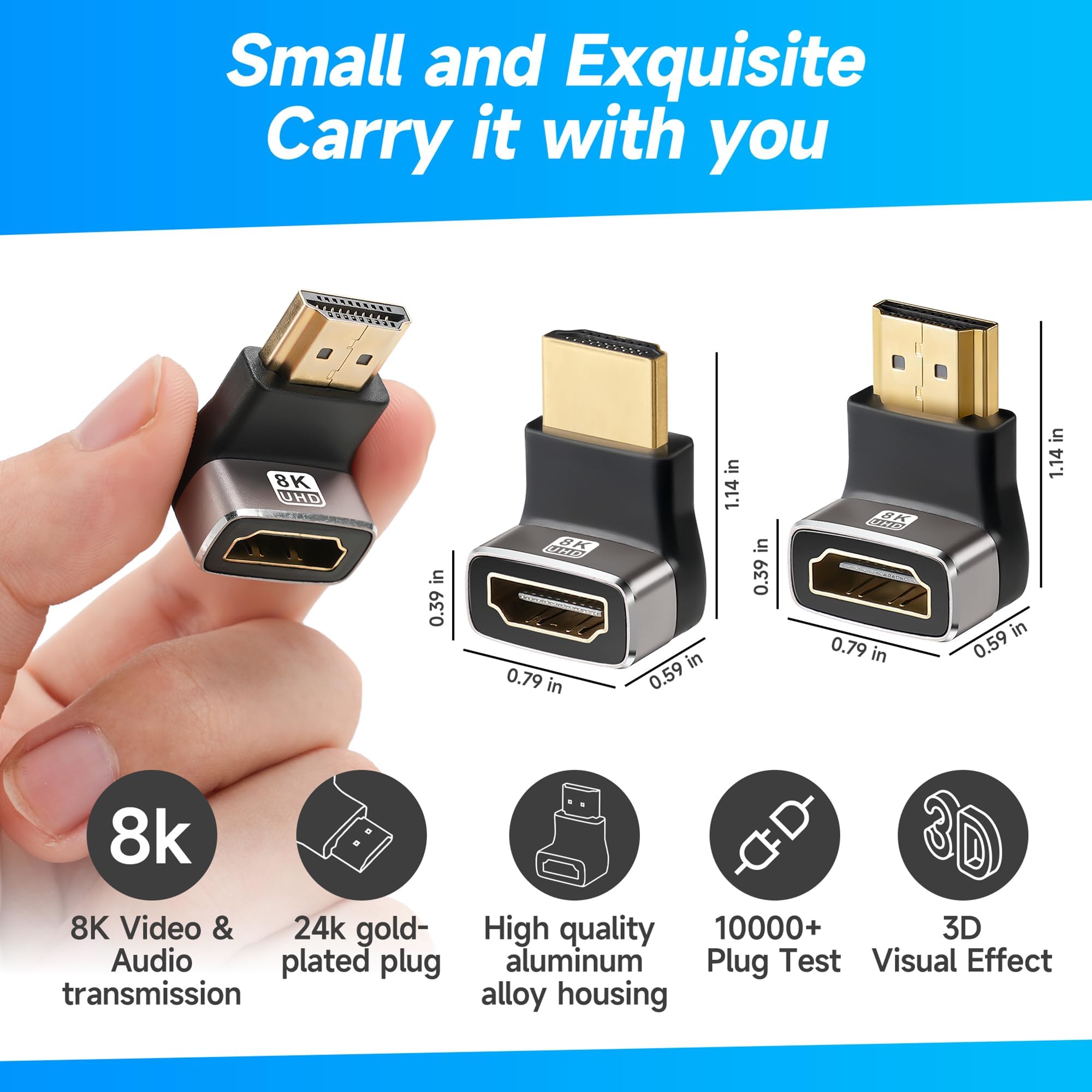 HDMI Adapter 2-Pack — 8K Ultra HD Bidirectional 90° & 270° Angled Plug to Socket — HDMI Coupling Connector 8K@60Hz / 4K@120Hz, Aluminum 2.1 HDR VRR Dolby eARC 3D 48Gbps for TV/Xbox/PS5/PC/Projector - 4