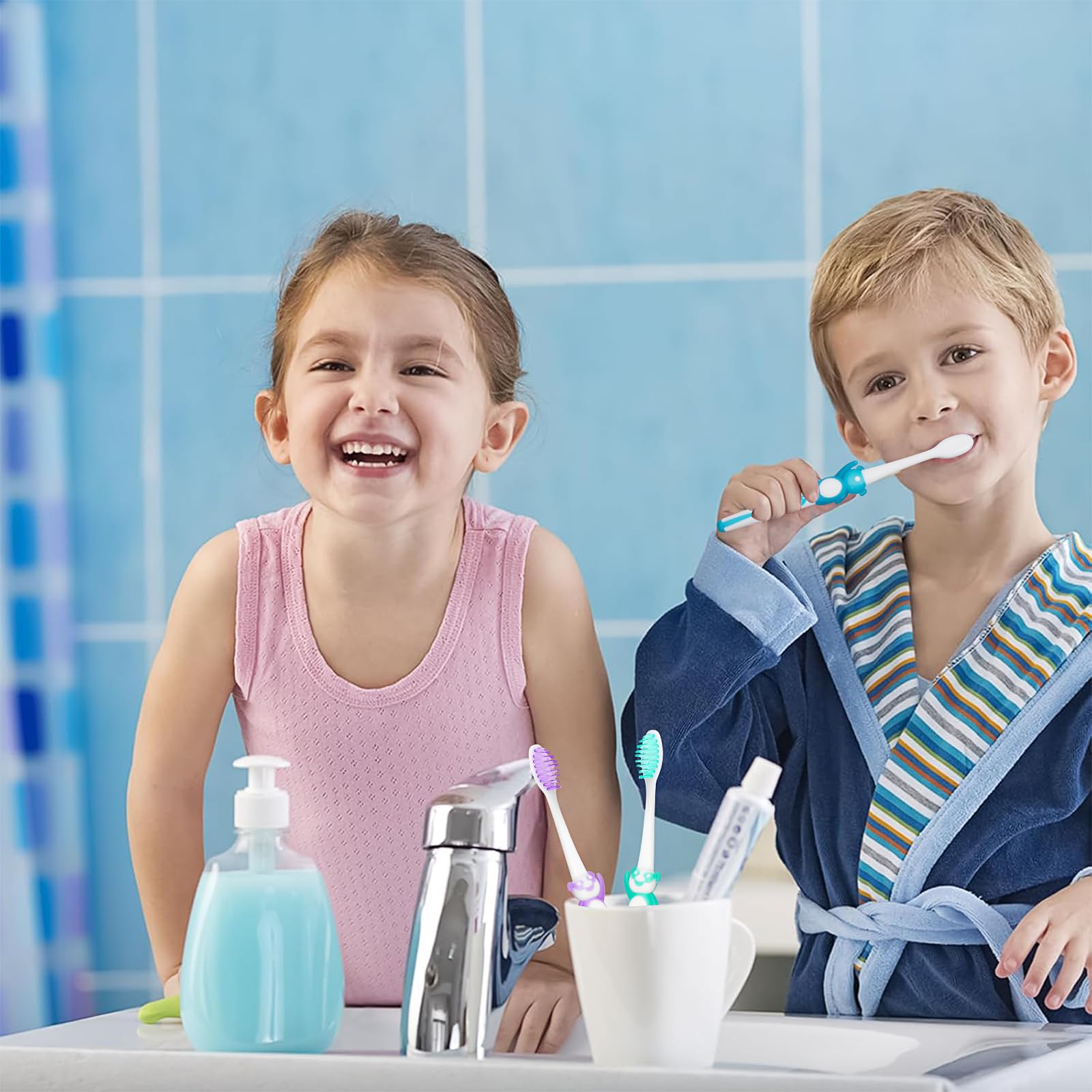 100 spazzolini manuali per bambini, con coperchio, setole morbide, confezionati singolarmente, per casa, viaggi, campeggio, hotel (verde, giallo, blu, viola)