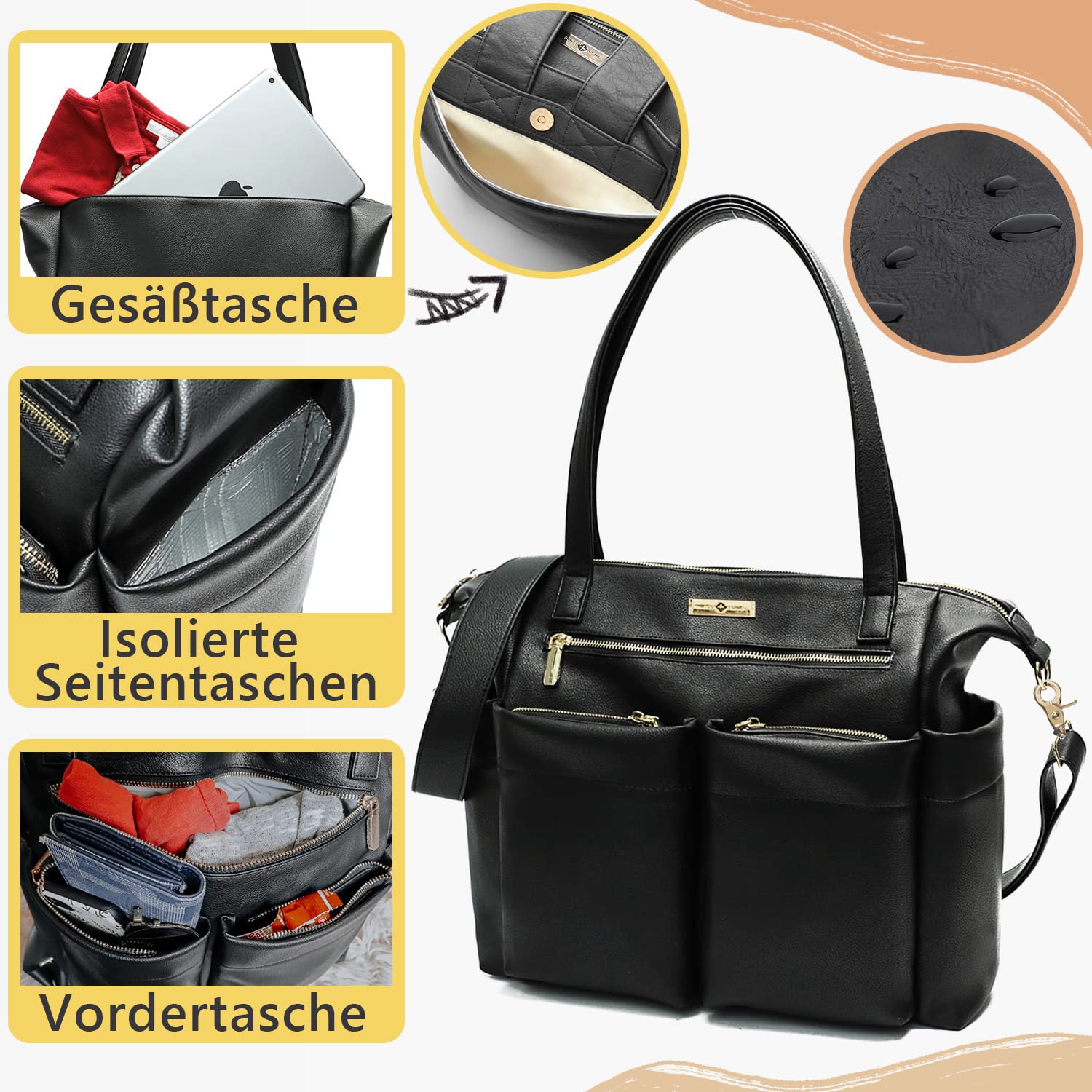 MISS FONG Baby Wickeltasche Wickelrucksack Kinderwagen Tasche Große Rucksack Kliniktasche Geburt Mama Tasche Bag lässig Babytasche Mit Wickelunterlage für Unterwegs -Schwarz