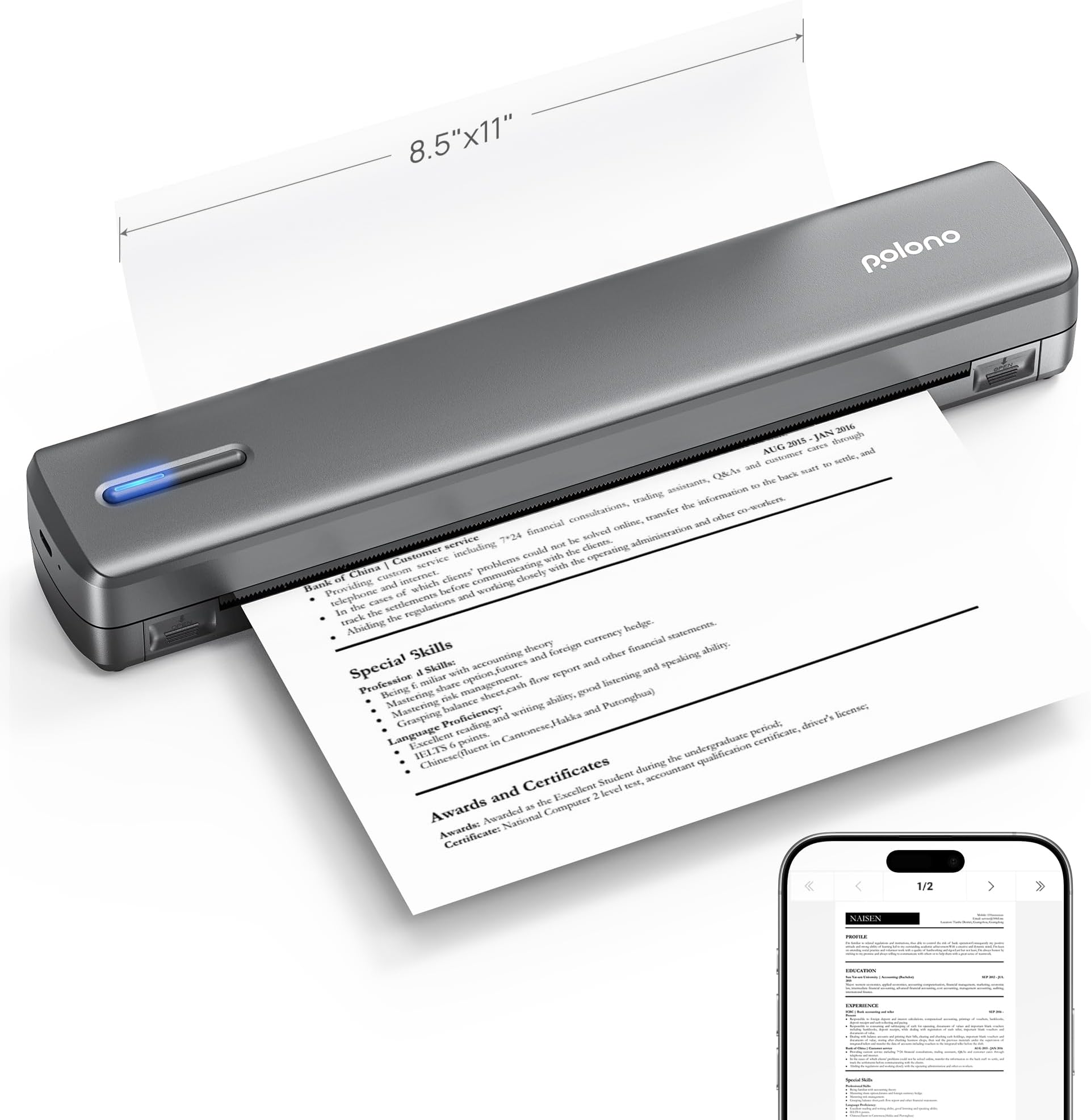 POLONO Portable Printer Wireless for Travel, D810 Bluethooth Thermal Printer Support for 8.5"x11" US Letter,Compatible with iOS, Android, Laptop for Office, Car and Home, Deep Grey