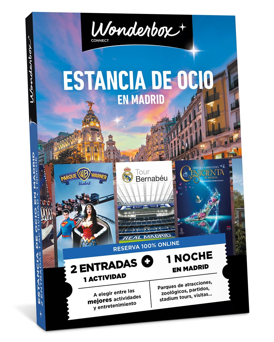 WONDERBOX Connect - Caja Regalo - Multi Madrid Estancia - 1, 2 o 3 entradas para 1 Actividad a Elegir + 1 Noche - Museos, Parques de Atracciones, estadios de fútbol… - Válido Durante 27 Meses