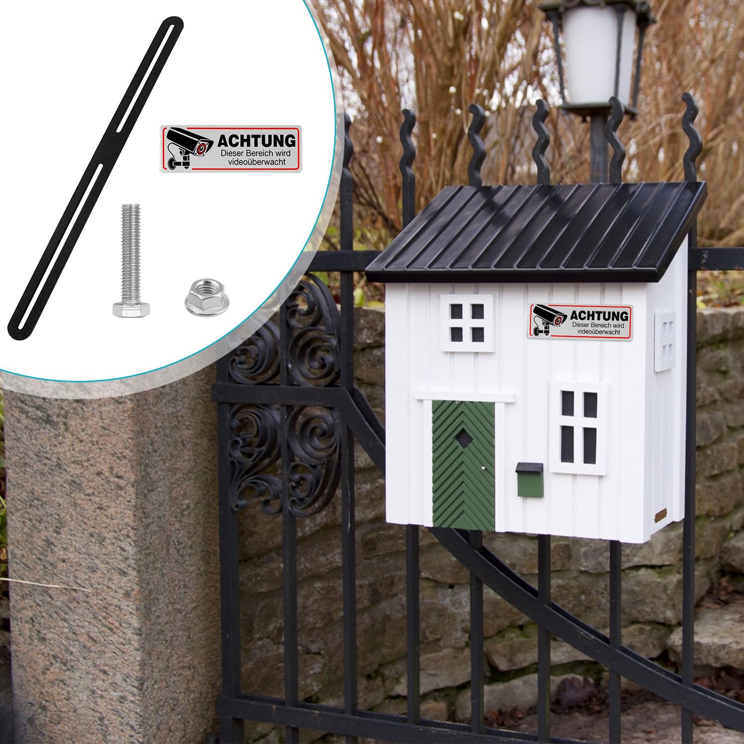 Kit di Fissaggio per Cassetta Postale, Con 6 Cartelli di Avviso per Telecamere, Fissaggio per Cassette Delle Lettere, per Il Montaggio di Cassette Delle Lettere su Porte o Recinzioni (Nero)