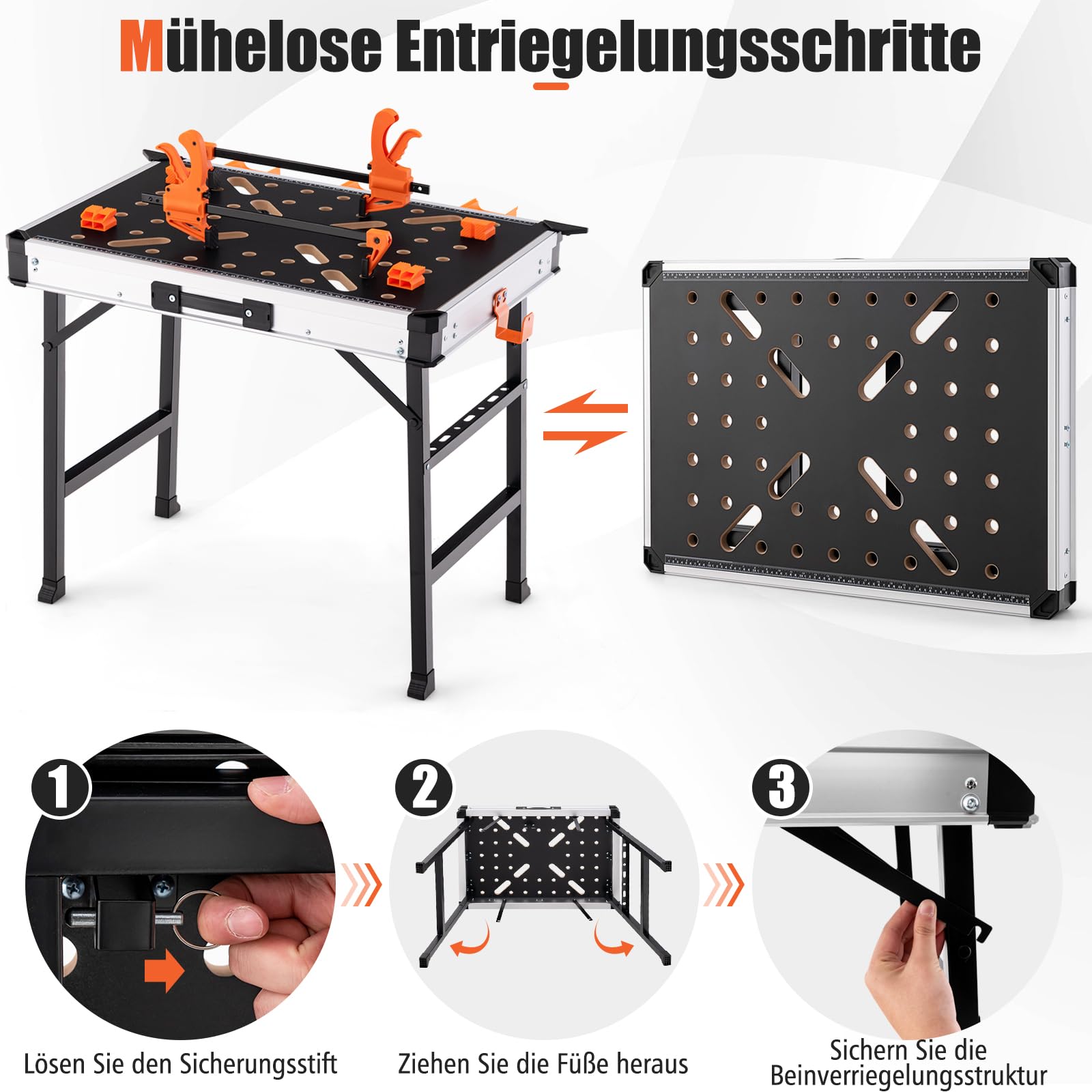 GYMAX 84,5cm Klappbare Werkbank, tragbare Arbeitsbank mit 2 Schnellspannern, 4 Klemmhaken & 3 Werkzeugkästen, Arbeitstisch bis 454 kg belastbar, für Messen & Reparaturen