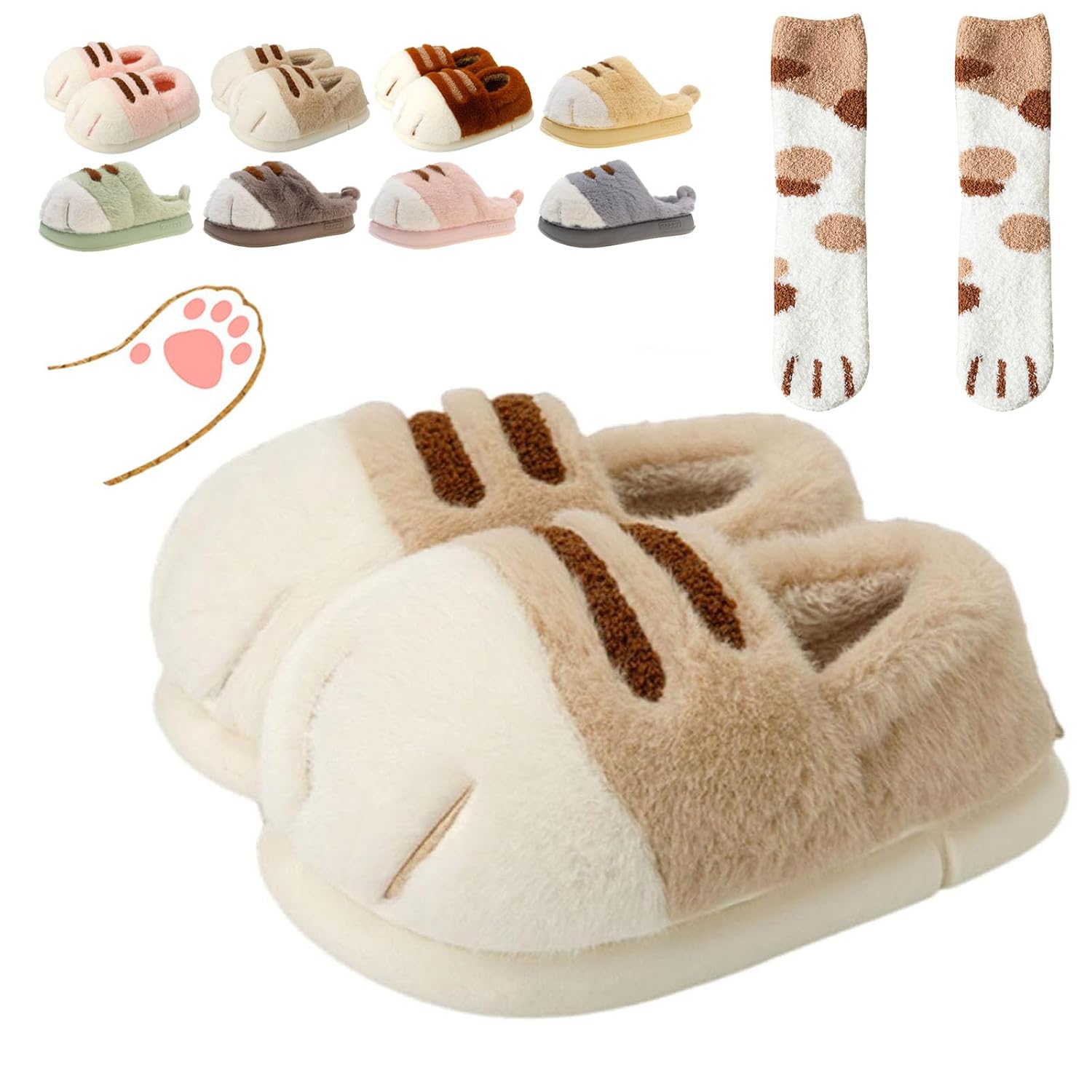 Cute Cat Paw Slippers for Women 3D Fluffy Cat Paw Slipper Cozy Furry Warm Winter Kitty Paw Shoes