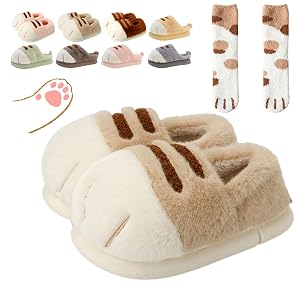 Cute Cat Paw Slippers for Women 3D Fluffy Cat Paw Slipper Cozy Furry Warm Winter Kitty Paw Shoes