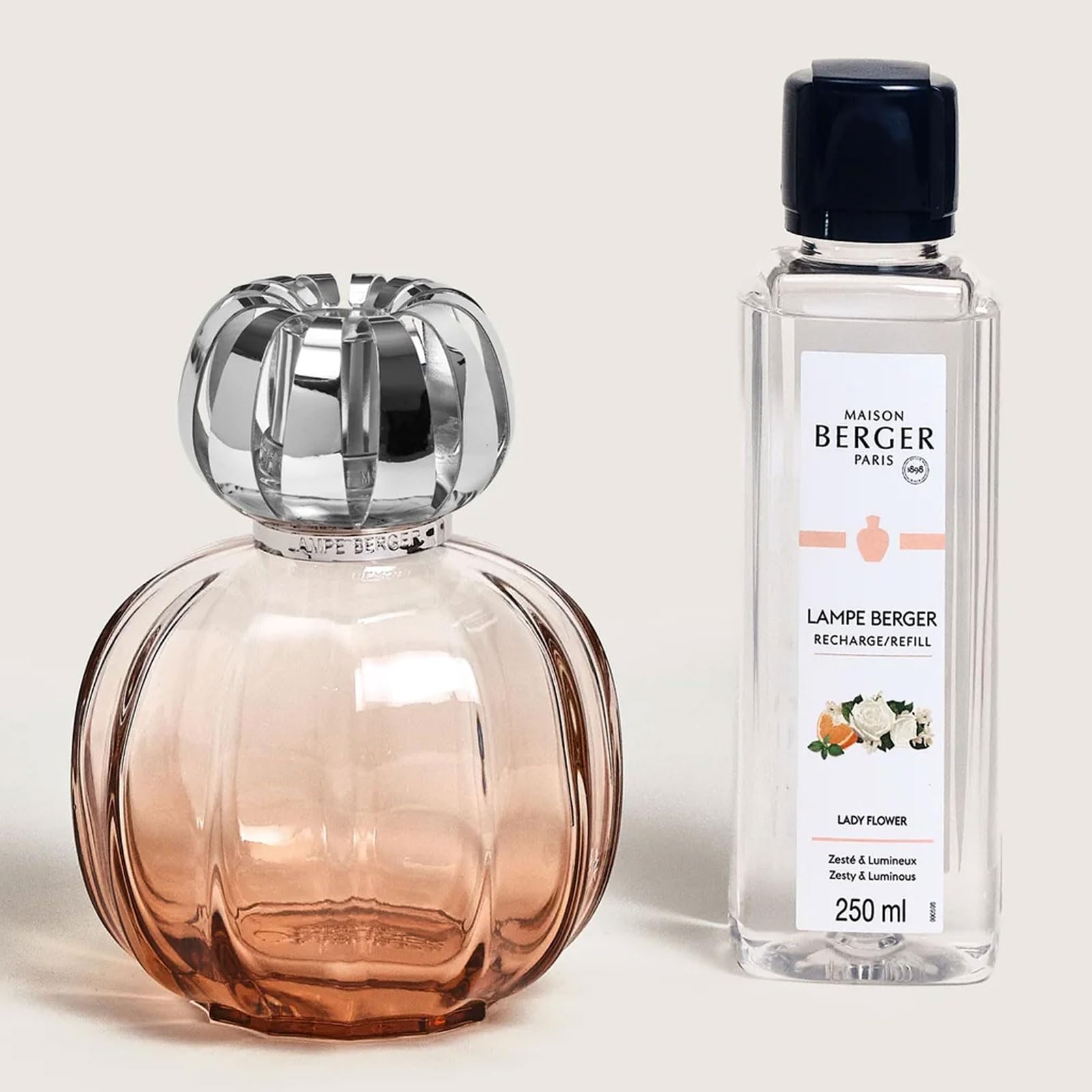 Maison BERGER – Estuche de lámpara Berger CORALI rosa – Lámpara catalítica 2 en 1 que perfuma y ayuda a purificar el aire con recarga de 250 ml/8,45 fl oz Lady Flower – Cristal lacado – Fabricado en