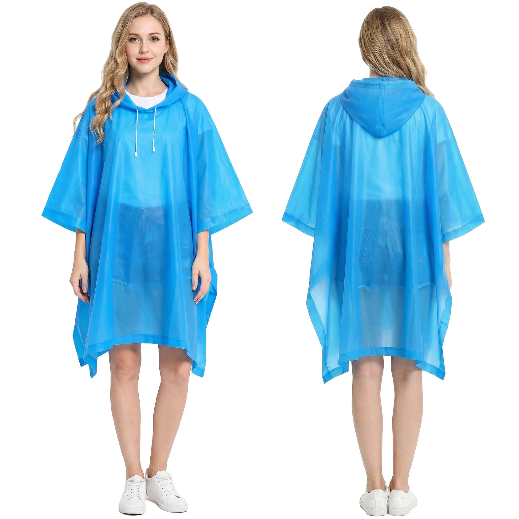 Kcmell Rain Poncho for Adult, 2 Pack Blue Portable Waterproof Rain Ponchos for Women and Men, Reusable EVA Raincoat Emergency Rainwear with Hood for Hiking, Traveling, Outdoor Activities