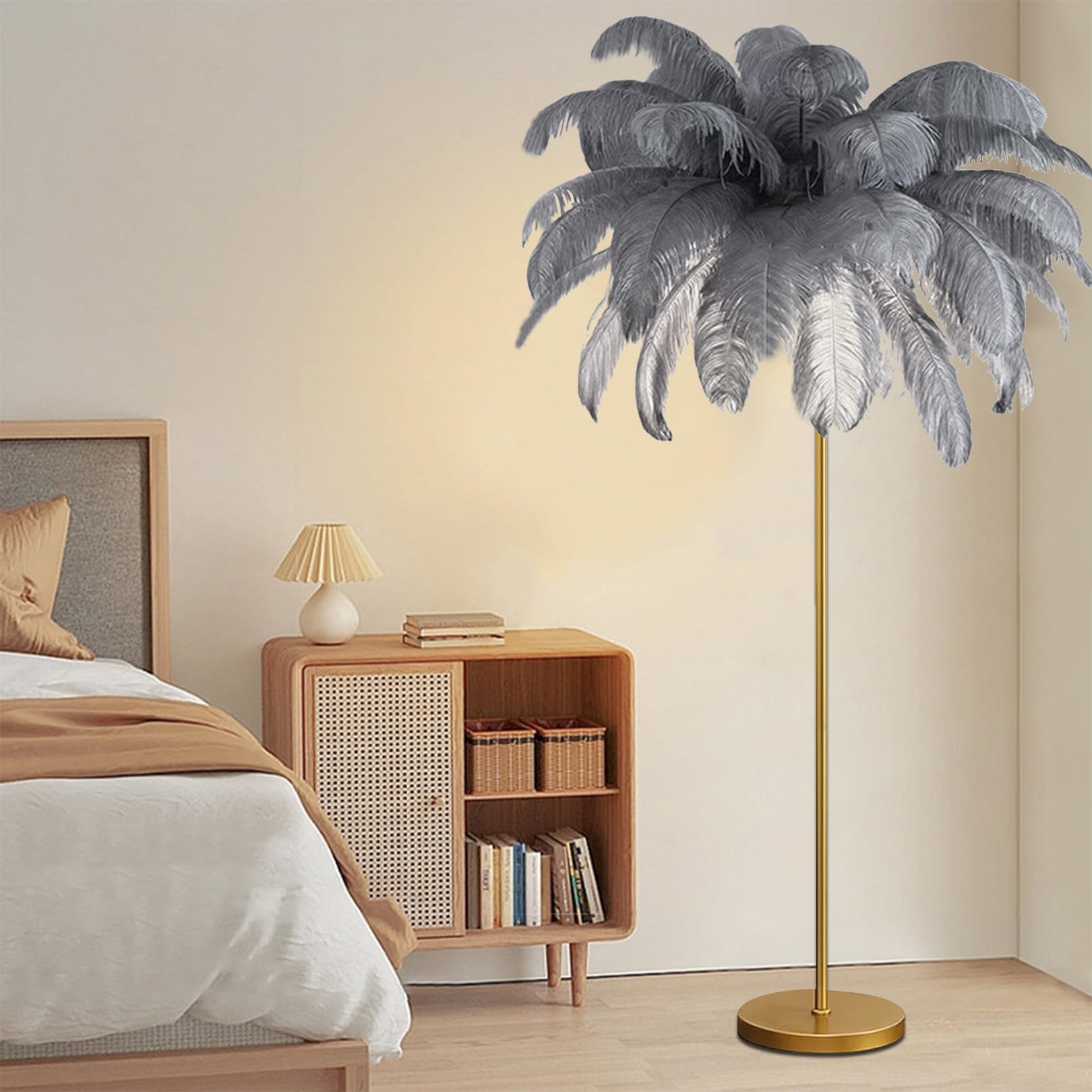 Lampadaire plumes d'autruche avec LED réglables pour chambre cocon