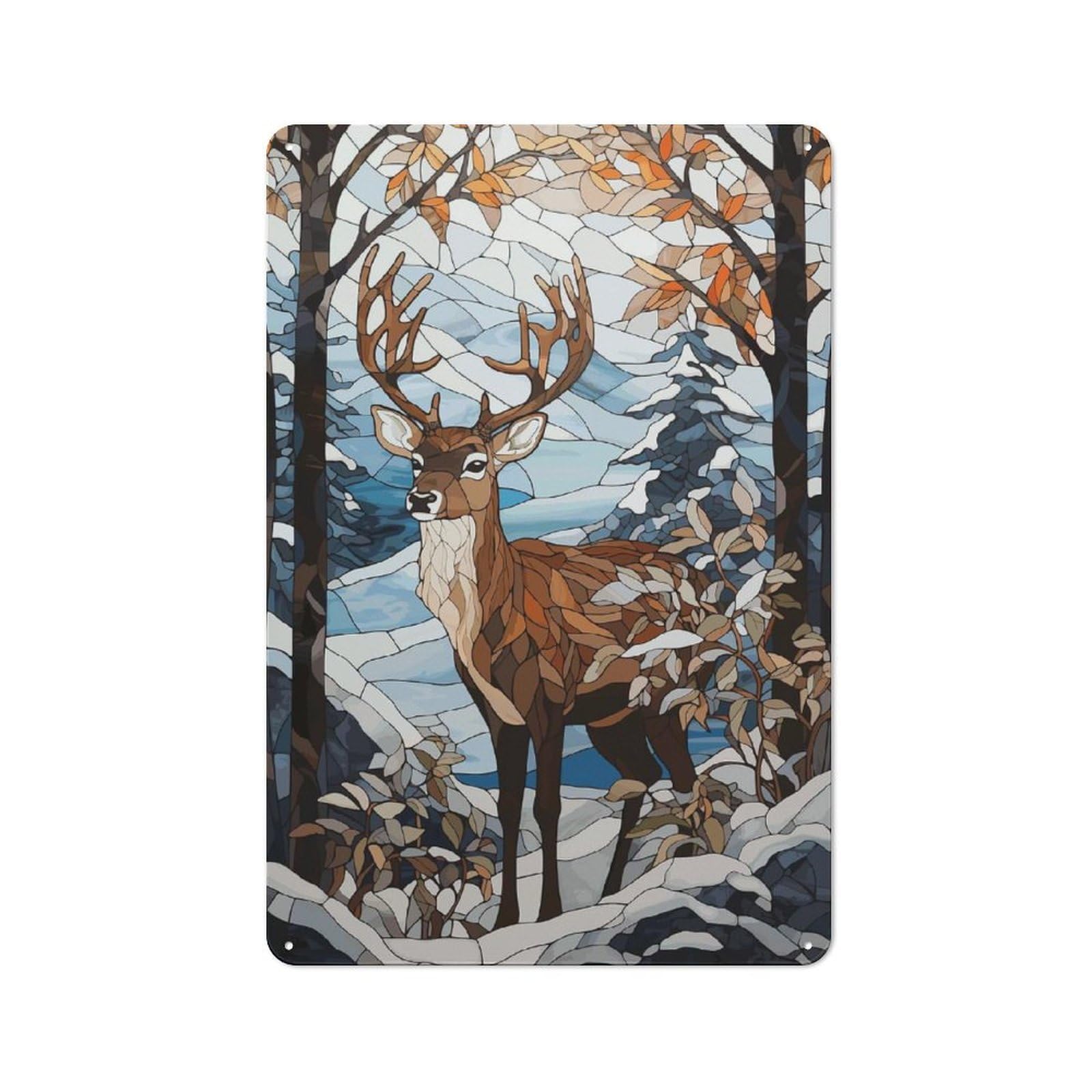 Junmoney Deer Snowy Stained Glass Tin Wall Plaque 30X20cm With For Guest Room Or Hallway, For Metal Sign Collectors, For Garage And Workshop Walls