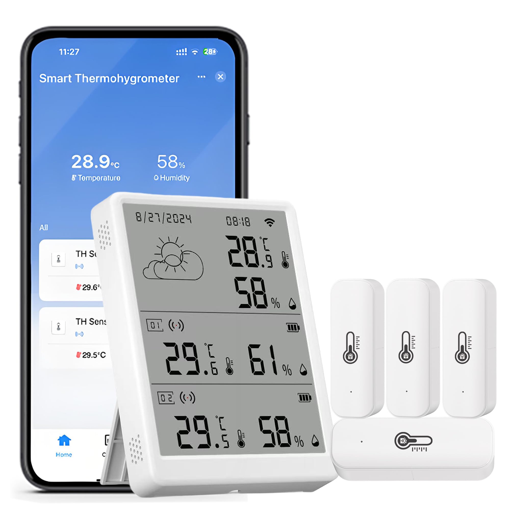 WLAN Thermometer Hygrometer Innen: Intelligenter Temperatur- und Feuchtigkeitsmonitor mit App-Benachrichtigungen und Kostenfreier Datenexport, kompatibel mit Alexa, 4 Sensoren und Basisstation