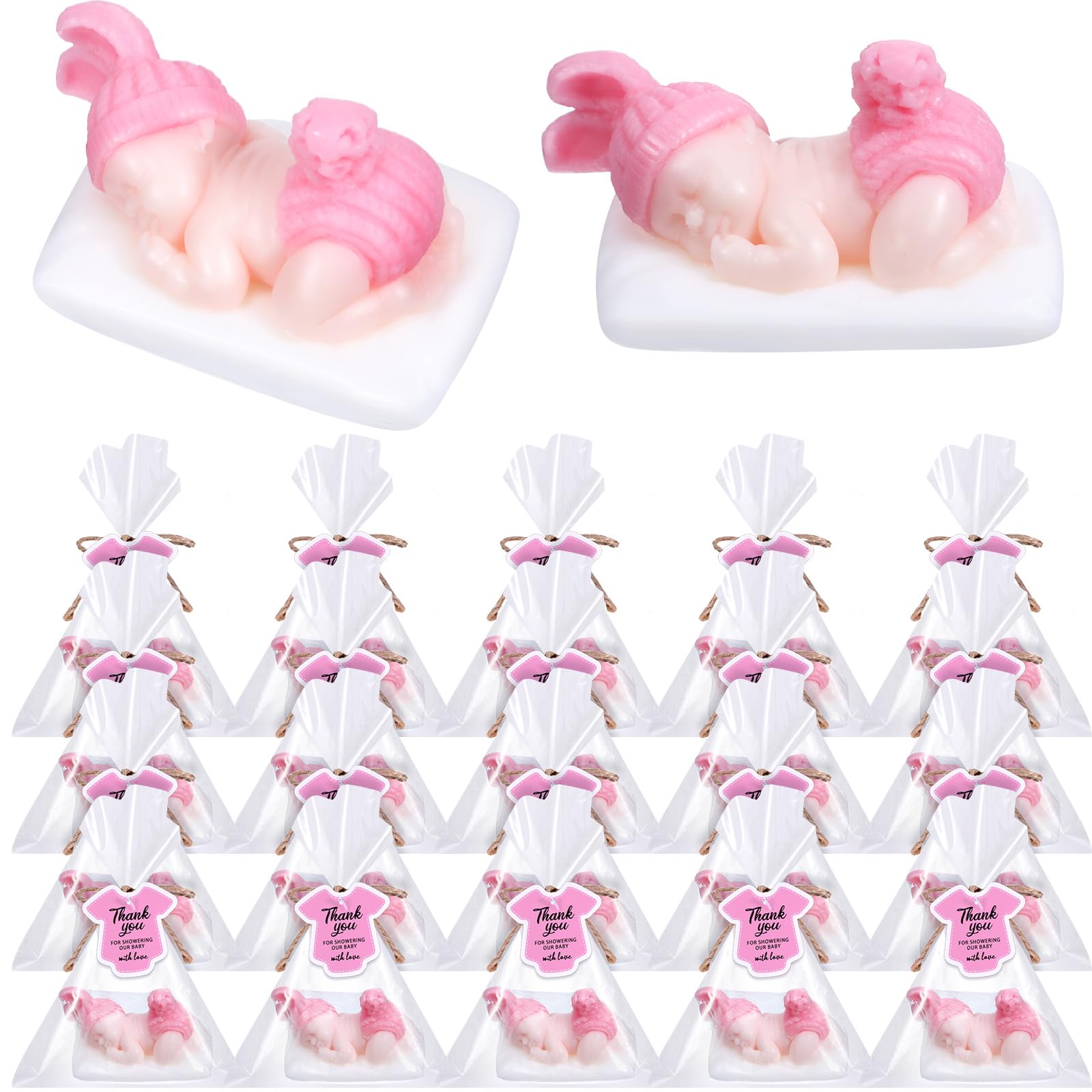 Otuuz 50 Packs Baby Shower Soap Favors Handmade Sleeping Baby Shower Scented Soap with Gift Tags for Guests Girl Boy Favors Decor (Classic Pink)