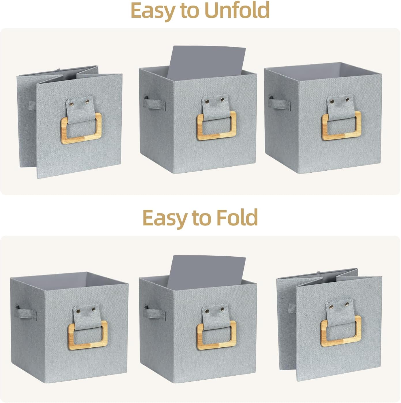 Collapsible Fabric Storage Cubes Organizer with Wood Handle, Cube Storage Bins Foldable Baskets for Organizing Home Office Closet Clothes Books, 10.5x10.5x11 Inch, 4 Pack, Gray