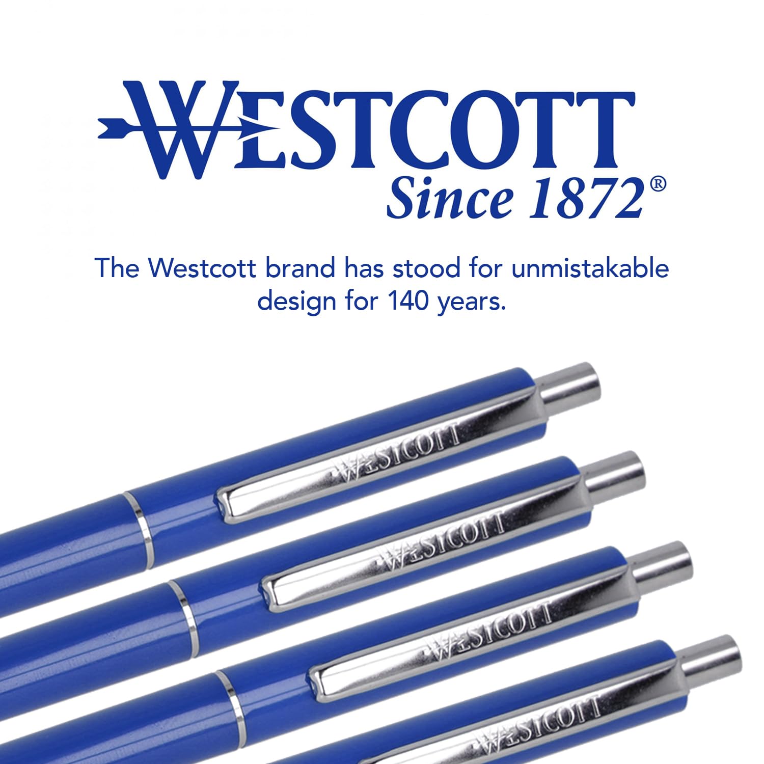 Westcott Długopis ALLTIME niebieski 50 sztuk | Wysuwane długopisy biro z niebieskim tuszem | Szerokość linii M ze standardowym wkładem X20 | Odporny na dokumenty ISO 12757-2 | Solidny metalowy klips |