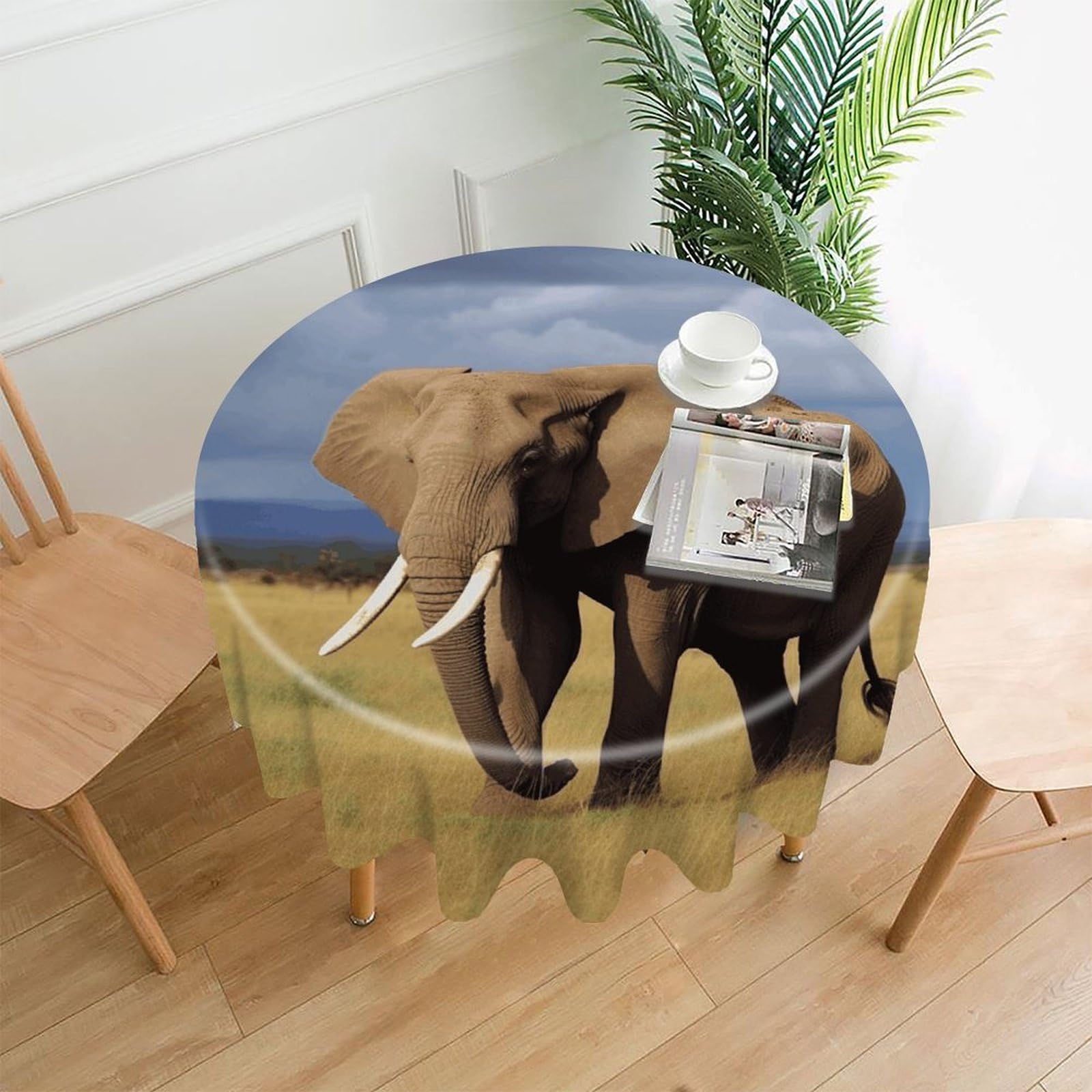 FekiLoot Round Africa Grassland Elephant Tablecloth Decorative Fabric Table Cloth Wrinkle Free Circle Dining Tablecover Washable Polyester Table Cover for Holiday Dinner Party Decor 60"
