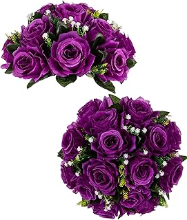 BLOSMON Flower Balls Wedding Rose Centerpieces: 2 Pcs Fake Flowers with Base White Kissing Balls Decor White Artificial Floral Arrangements Flower Bouquet of Roses Home Party Table DIY Decorations