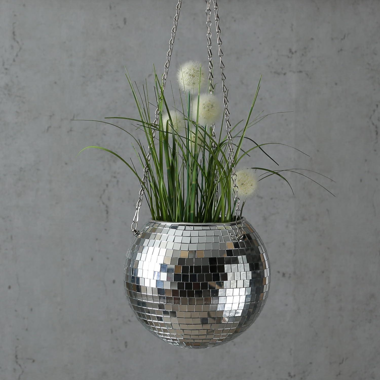 SATISFIRE Blumenampel Discokugel Spiegelkugel als Blumentopf hängende Blumenampel mit Spiegelkacheln Pflanztopf 20cm Übertopf (20cm, Silber)