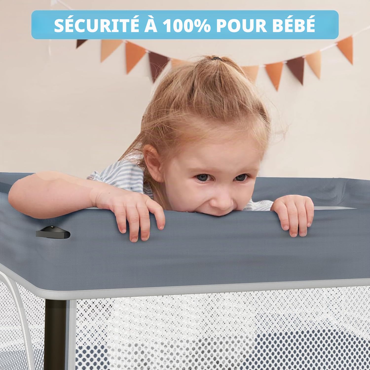 Parc pliable pour bébé avec matelas, intérieur et extérieur, gris, 180 x 127 cm | Design pliable innovant, filet respirant avec vision à 360°, fermeture éclair extérieure, Oxford 300D, sac de transport