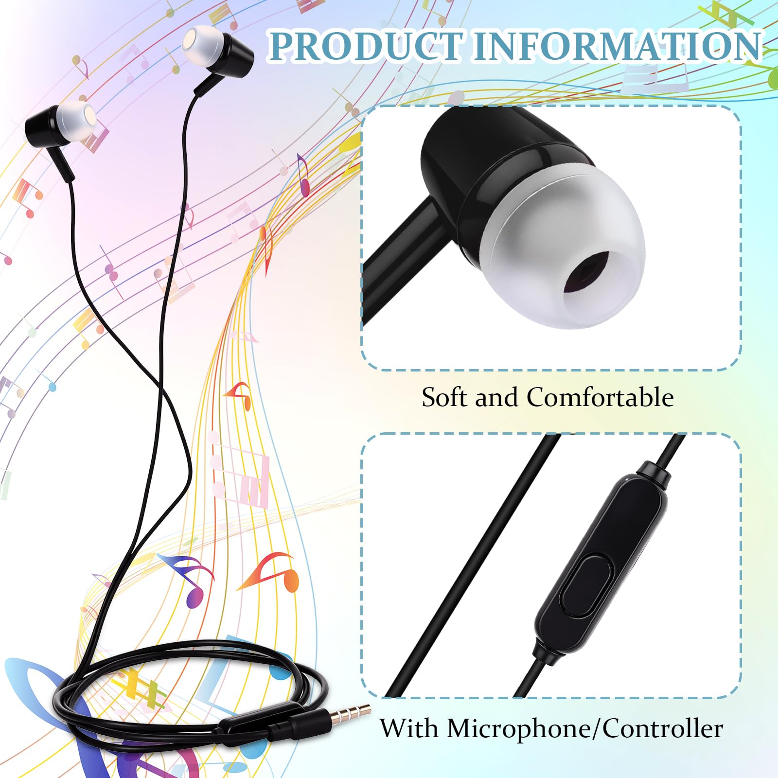 Xinnun Confezione da 50 auricolari con microfono, per studenti, con cavo, con spina da 3,5 mm, per bambini e adulti, scuola, biblioteca, museo, viaggi, aereo, tablet (classici, multicolori)
