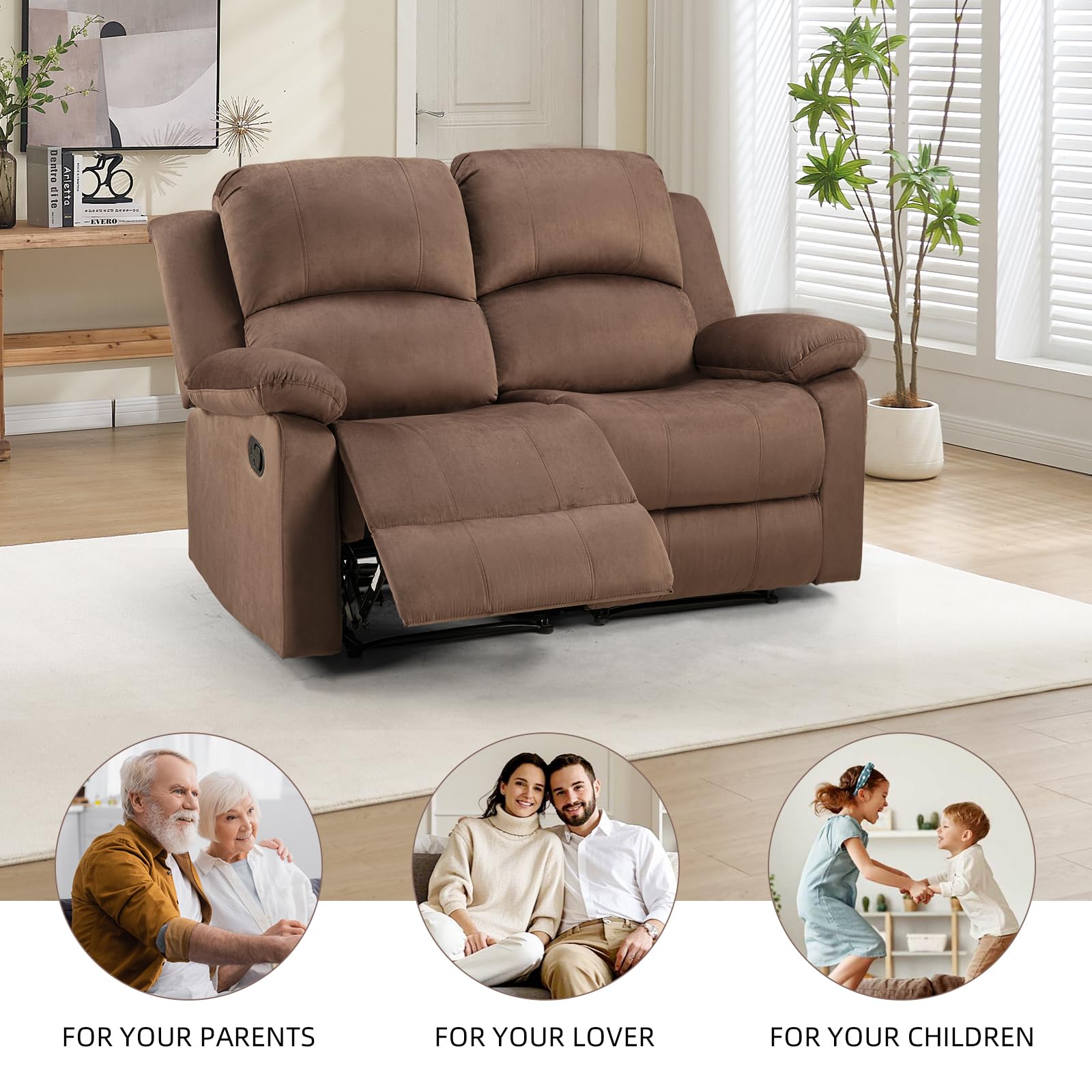 EBELLO Manual Reclining Couch Set for Living Room, Include 1 Recliner Chair, 1 Loveseat Sofa, Recliner Sofa Furniture Set for Home and Office, Brown view 5