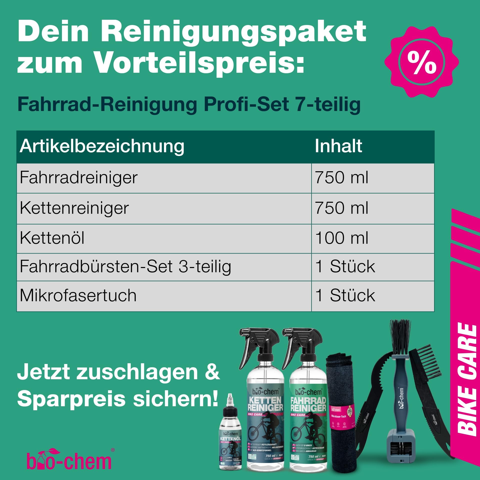 Bio-Chem - Zestaw 7 produktów do czyszczenia roweru - Środek do czyszczenia ram rowerowych - Środek do odtłuszczania łańcucha - Olej smarujący - 3 szczotek do czyszczenia + szczotka rowerowa