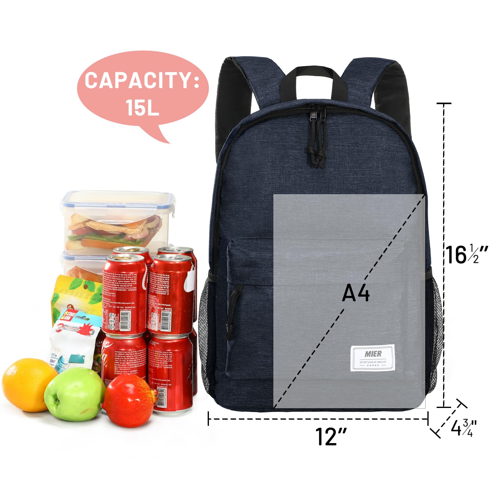 MIER Petit sac à dos isotherme étanche avec glacières, léger et mignon pour le travail, les pique-niques, le camping, les excursions au parc, 15 L, bleu foncé