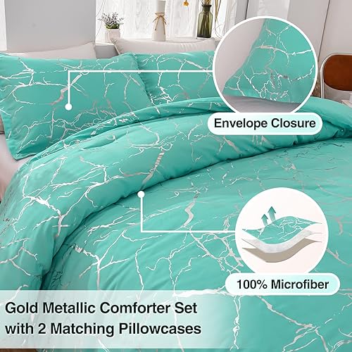 Miniatura 8 de A Nice Night Juego de edredón de 7 piezas de mármol en una bolsa, juego de ropa de cama con purpurina con estampado metálico dorado metálico