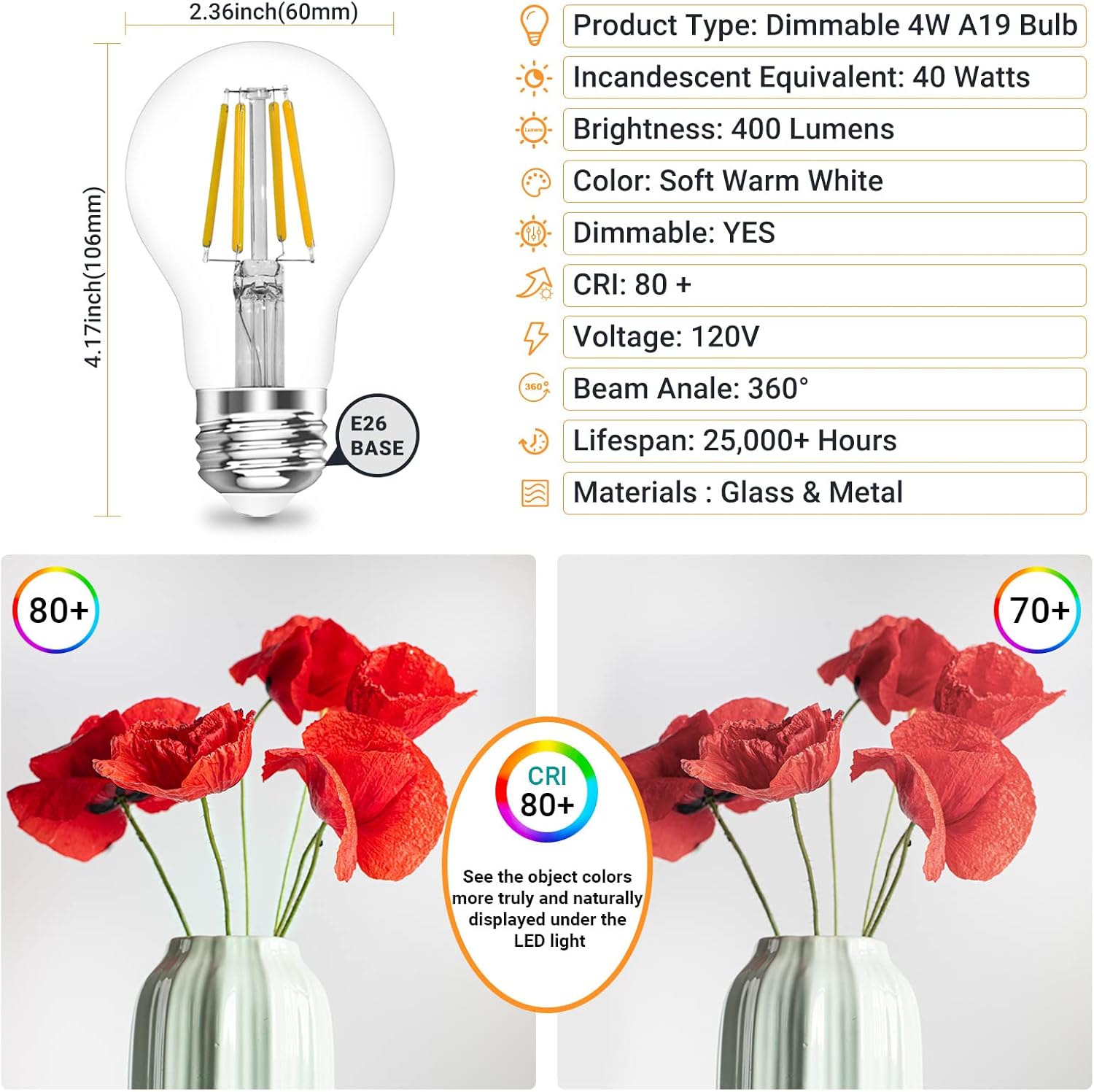 A19 E26 Base Dimmable Edison LED Bulb, 4W(40 Watt Equivalent) Stepless Dimming Light Bulbs 470lm, 3000K Soft Warm White, Vintage Clear Glass LED Filament Bulb for Home, Wall Sconce, Chandelier, 6 Pack