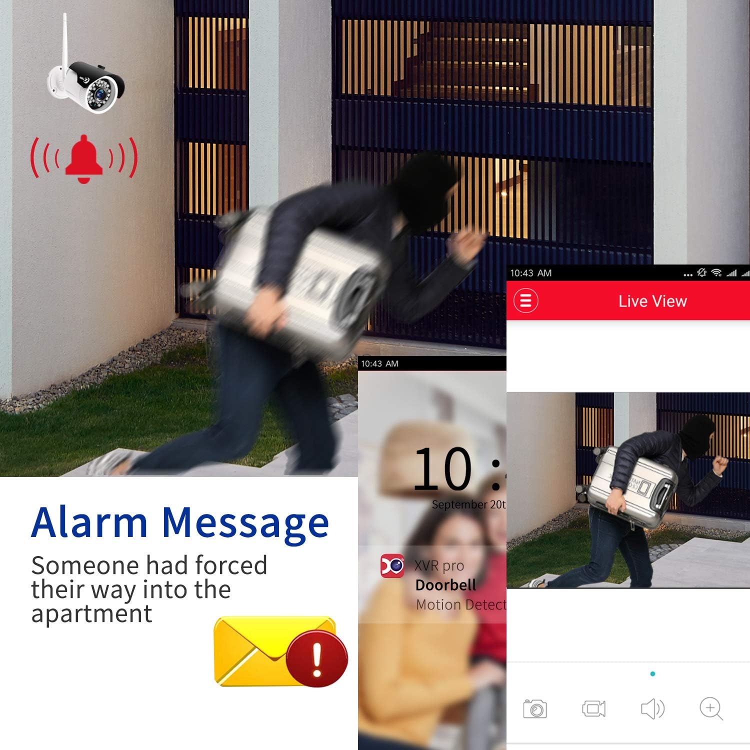 Screenshot of a mobile app showing an alarm message for motion detection