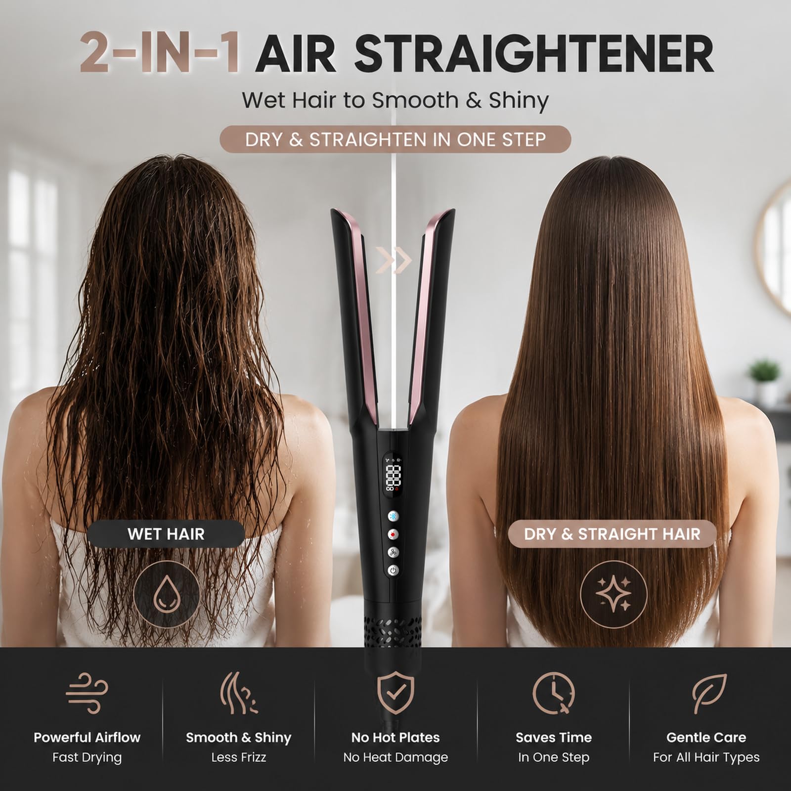 slopehill Air Haarglätter, Haarglätter & Haartrockner 2-in-1 | 1600W Ionen Luft-Glätteisen OHNE Heizplatten, Stärkerer Luftstrom für besseren Glätteffekt, Nass & Trocken Haar, 90-160°C