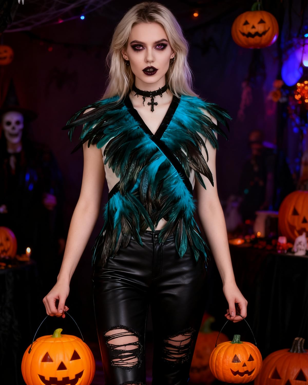 keland Gotycka naturalna peleryna z piórami szal opaska na ramię skrzydła Halloween złośliwy kostium dla kobiet