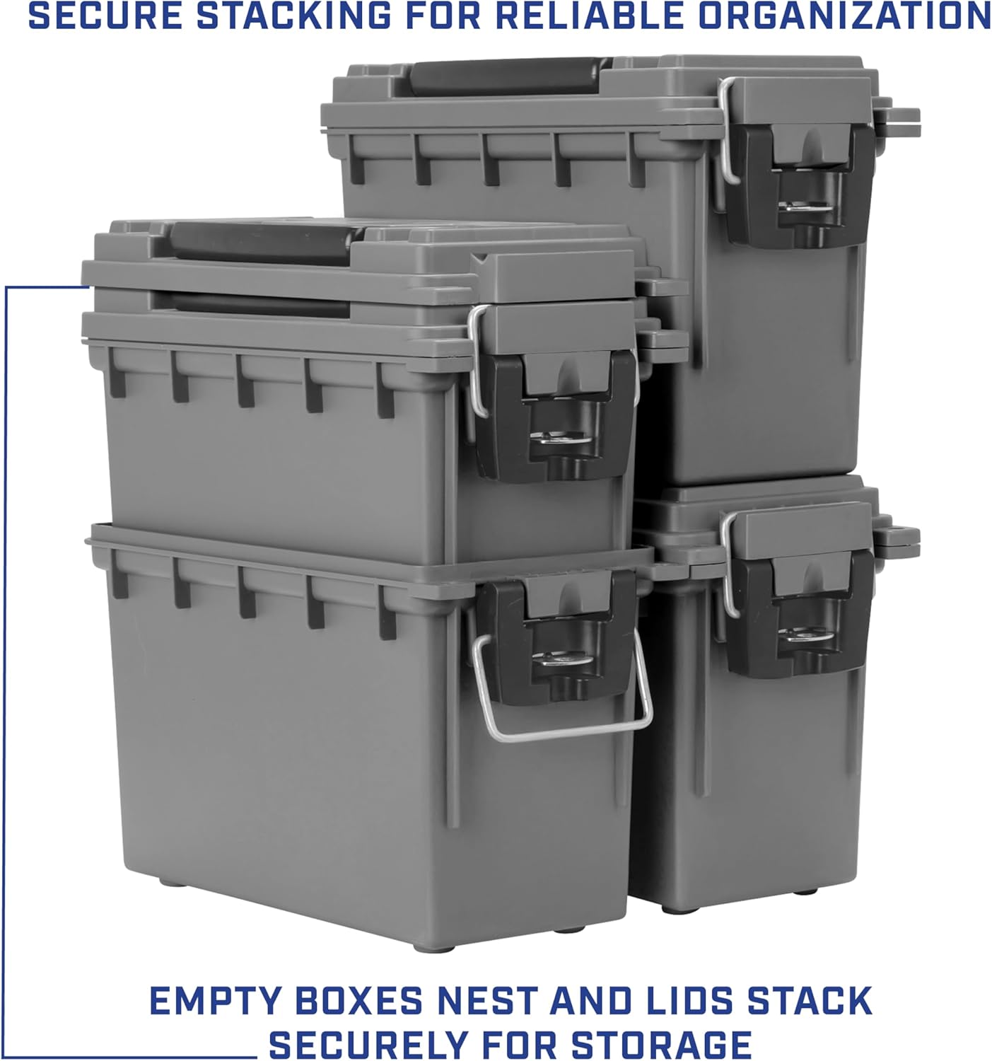 Sheffield 12792 2-Pack Ammo Storage Box, Stackable .30 Cal Field Boxes, Water and Dust Resistant, Lockable Storage Box with Handle, Secures Hunting Gear, Supplies, and Bullets, Made in USA, Gray - Image 6
