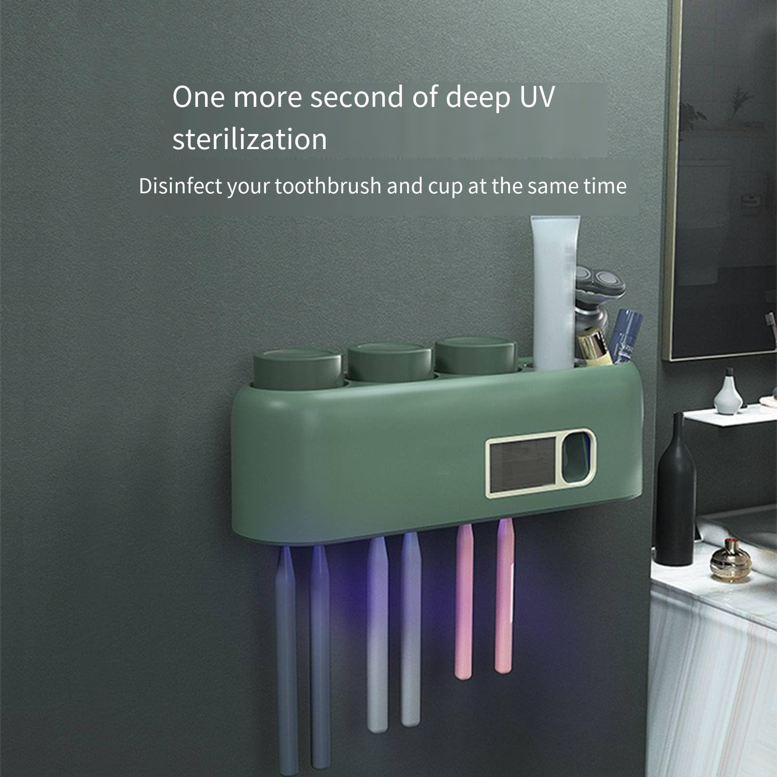 Esterilización por inducción de cepillo de dientes inteligente con soportes de cepillo de dientes de secado para baño estante de almacenamiento sin perforaciones soporte de cepillo de dientes,Green