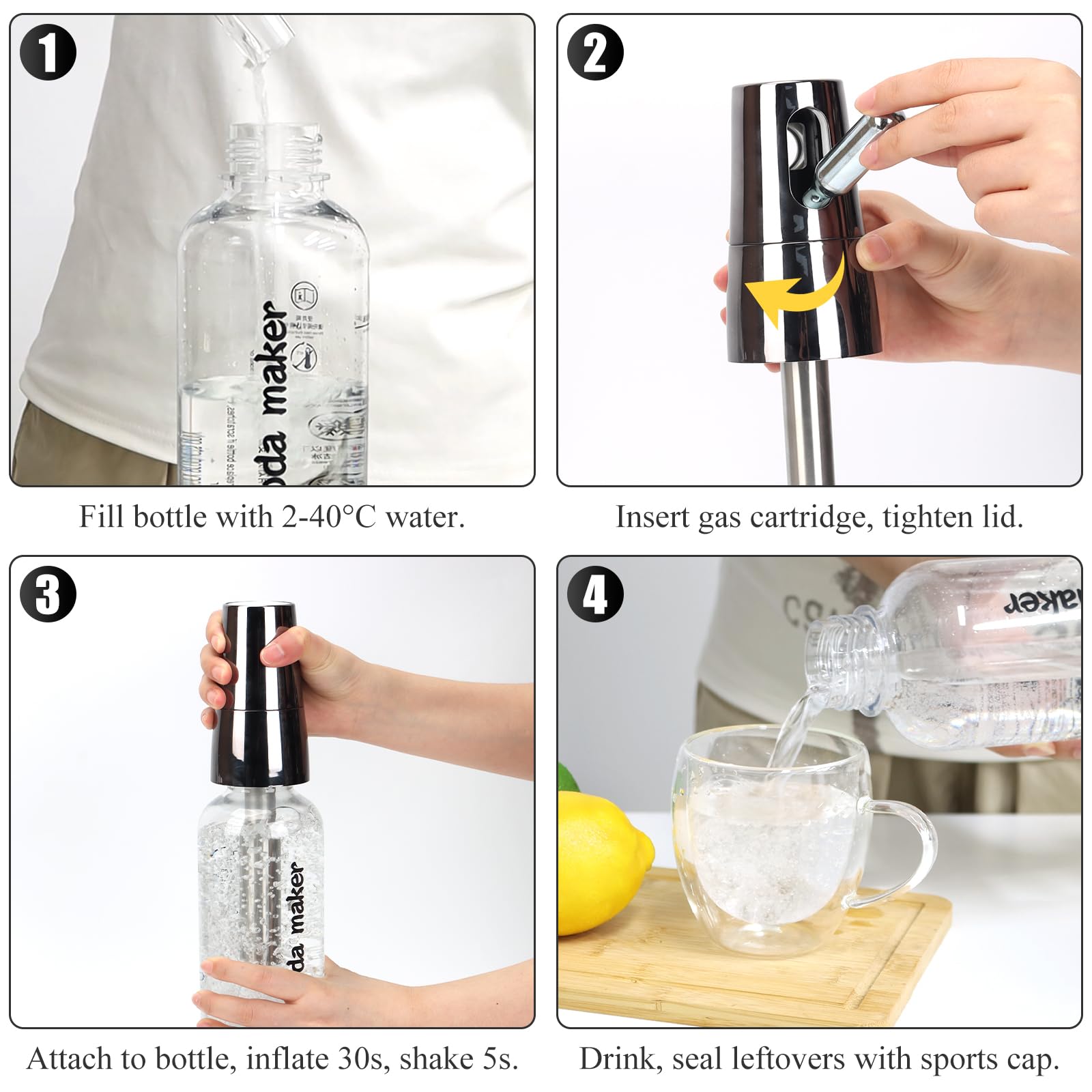 Kit di sifone per soda da 1 litro, macchina per acqua frizzante portatile in PET a doppio uso e bottiglia per bevande/succhi/cocktail, per casa/banco bar/picnic (argento) AstraLoom