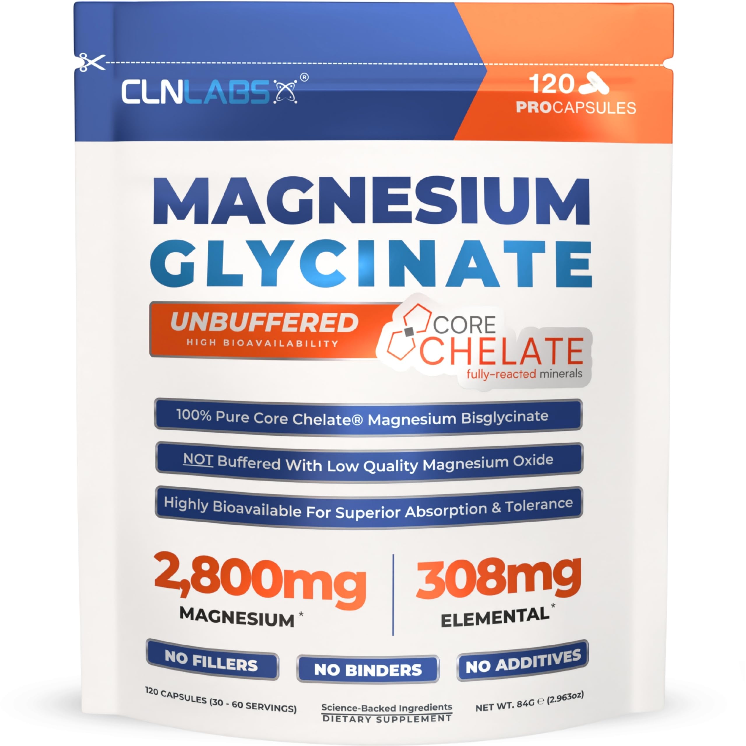 Magnesium Glycinate (Chelated Bisglycinate) | 120 High Strength Capsules | 2800mg (308mg Elemental Magnesium per Serving) | Highly Bioavailable